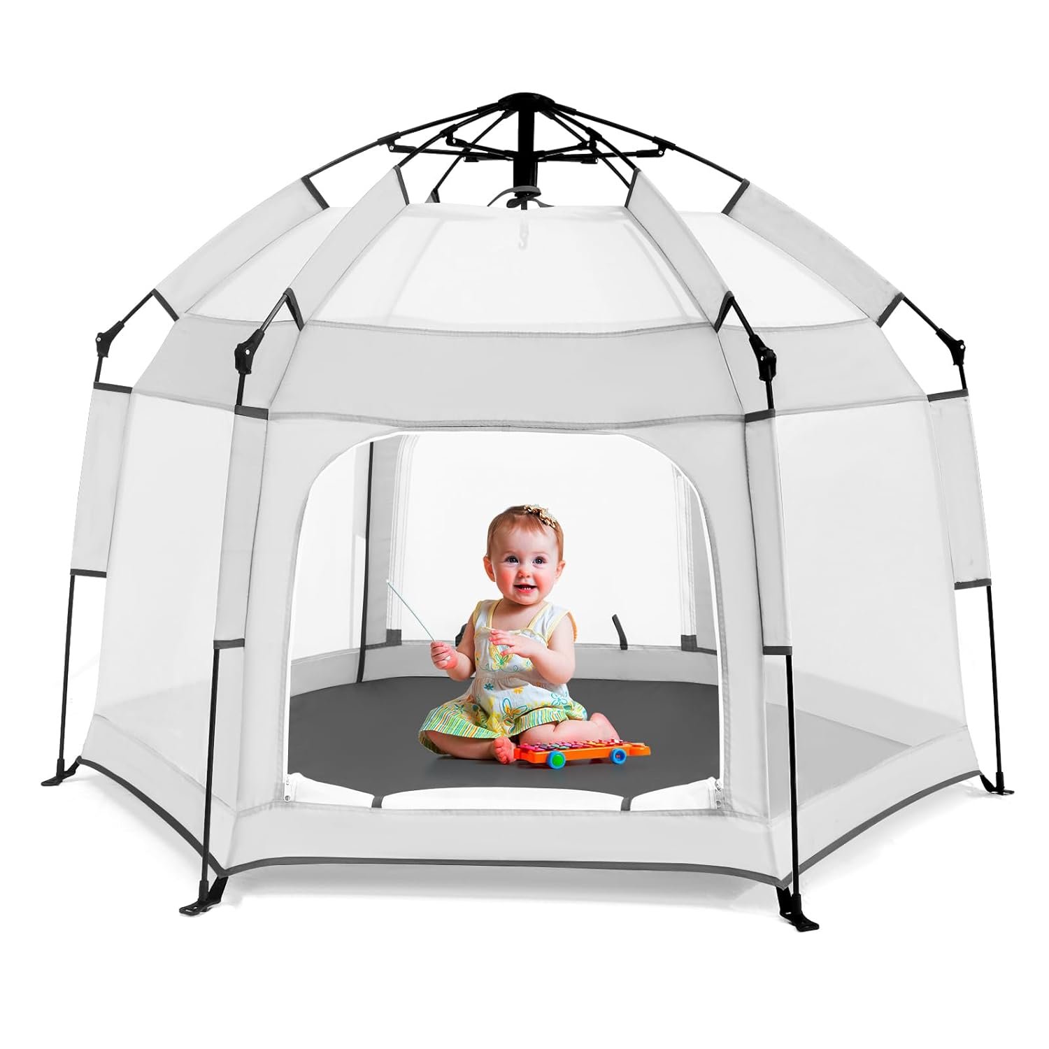 Bend River Baby Playpen with Canopy, Portable Baby Beach Tent, Toddler Play Yard Indoor and Outdoor, Foldable Mosquito Net for Infant – Light Grey