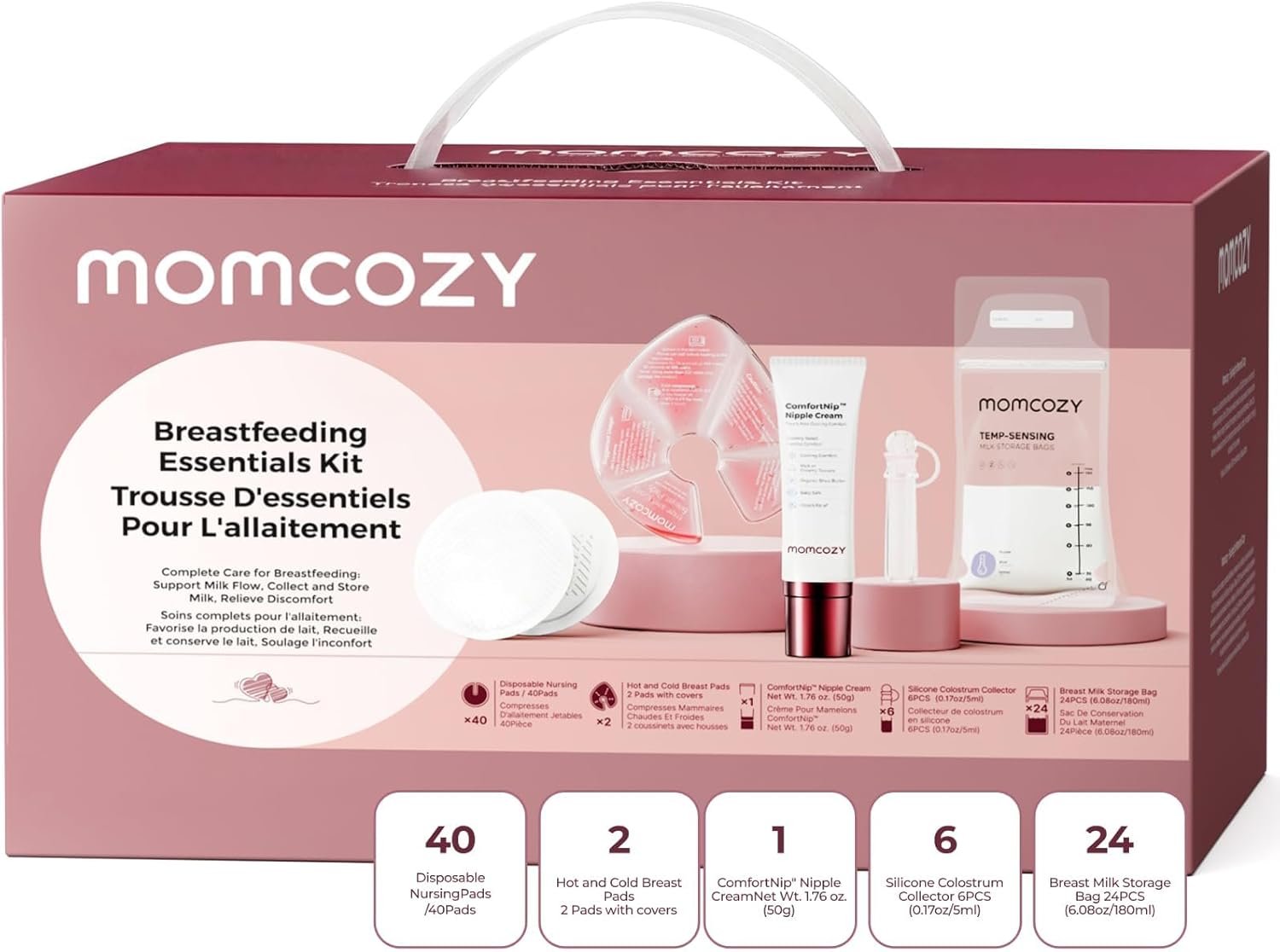 Momcozy 73pc Postpartum Essentials Kit, Initiate breastfeeding for New Moms, Hospital Bag Must Haves with Nursing Pads, Hot & Cold Breast Pads, Nipple Cream, Colostrum Collectors and Milk Storage Bags
