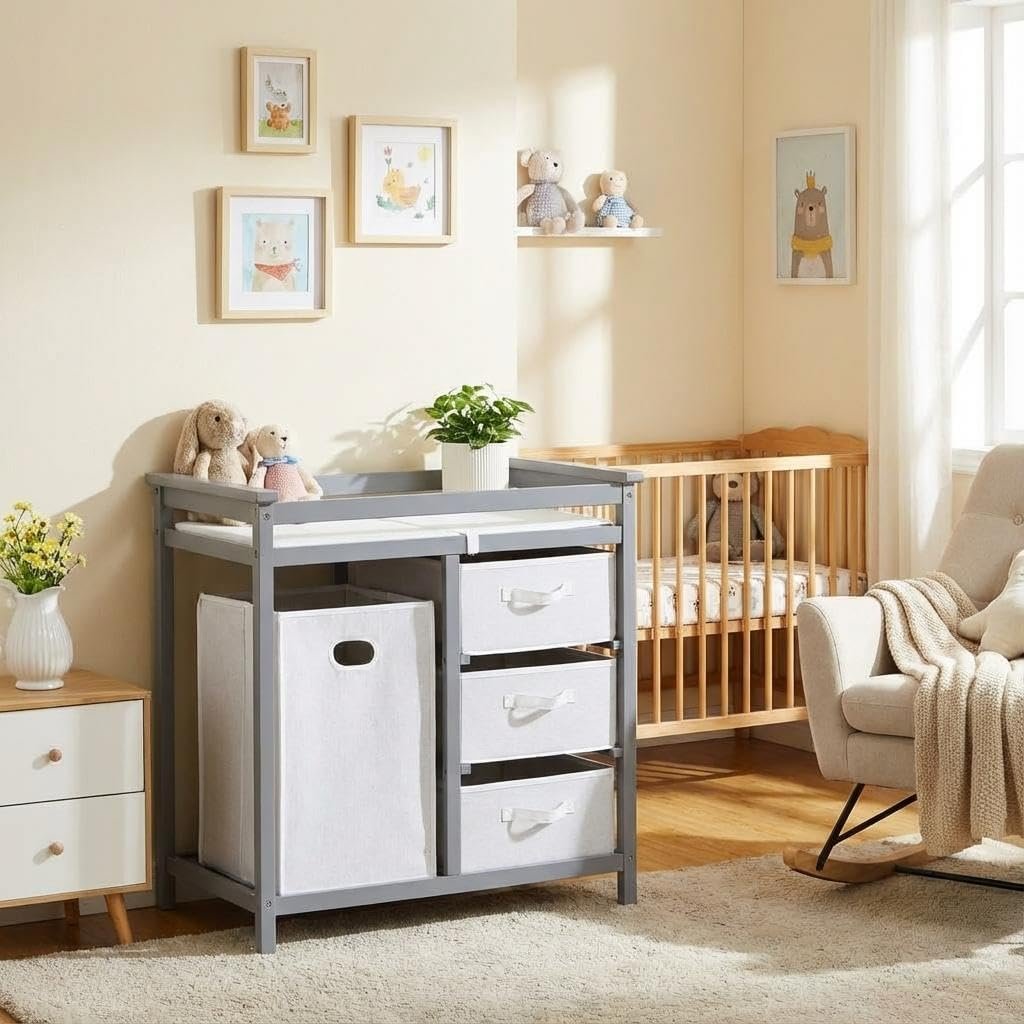 Modern Baby Changing Table with Laundry Hamper & 3 Drawers – Solid Wood Nursery Dresser Supports 40 Lbs, with Safety Strap & Waterproof Pad, Storage Organizer for Diapers, Clothes & Toys