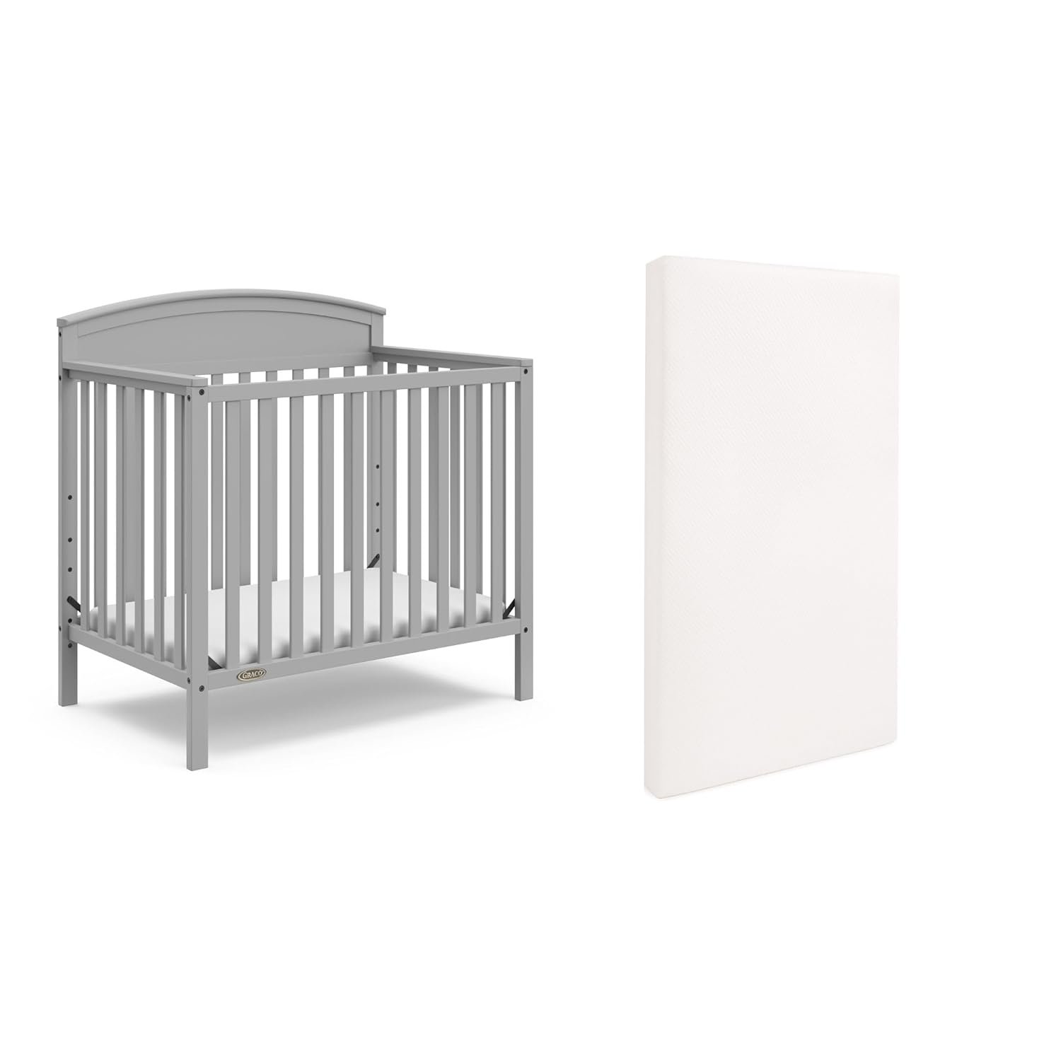 Graco Benton 4-in-1 Convertible Mini Crib with Bonus Crib Mattress – GREENGUARD Gold Certified, 2.75-Inch Mattress Included, Baby Crib Converts to Twin Bed, Ideal for Small Spaces (Pebble Gray)