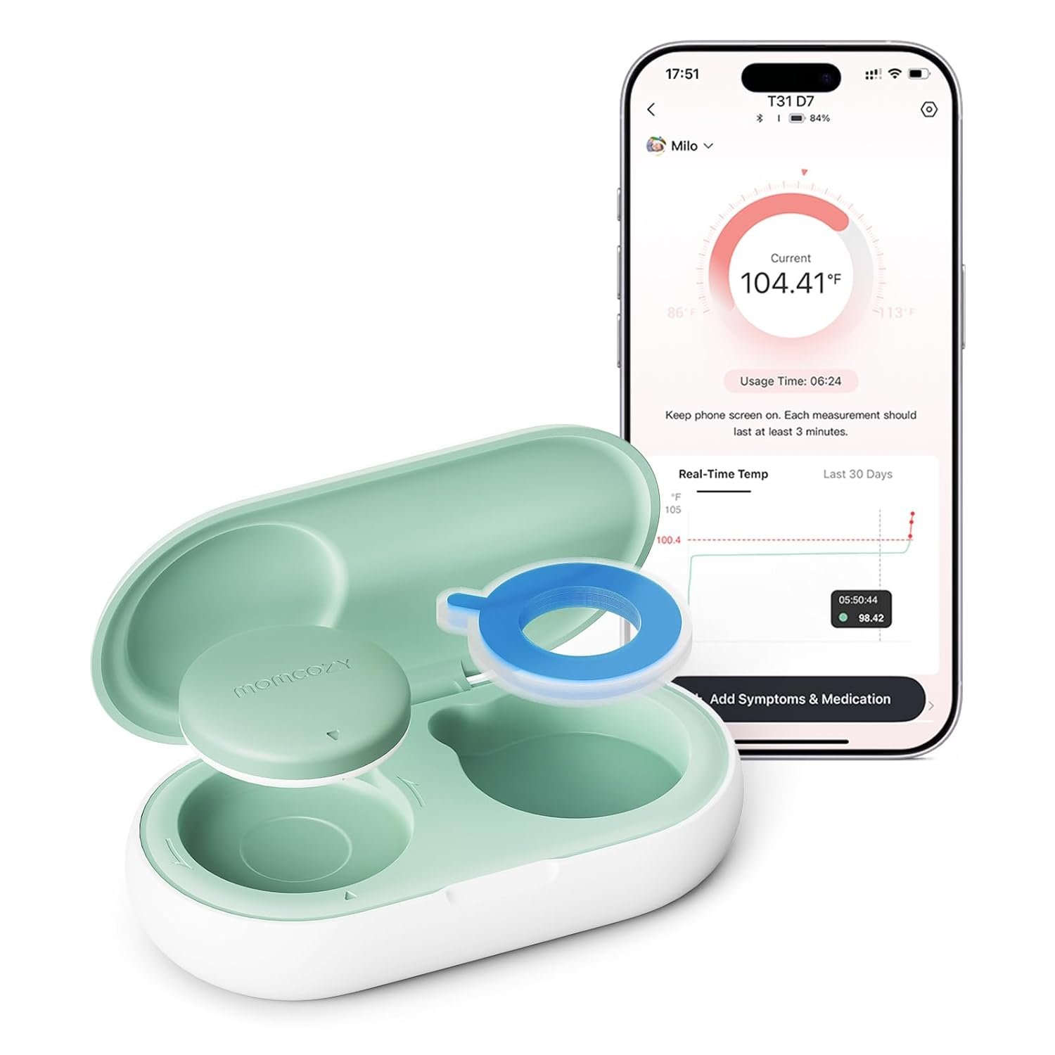 Momcozy Wearable Digital Thermometer for Baby, Medical-Grade Accurate Smart Thermometer, Instant Reads, APP Real-time Monitoring for Infants & Kids, Hypoallergenic 3M Stiker,Bluetooth, Green