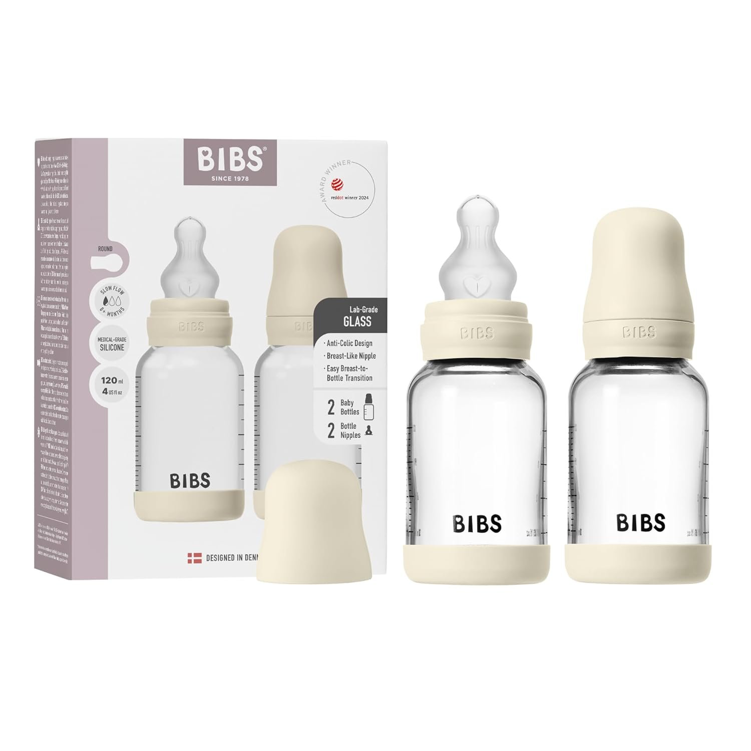 BIBS Glass Baby Bottles 2-Pack, 4 Oz. Anti-Colic System for Gas Reduction. Vented Round Silicone Nipple. Supports Infant and Newborn Breastfeeding – 120 ml (Pack of 2), Ivory