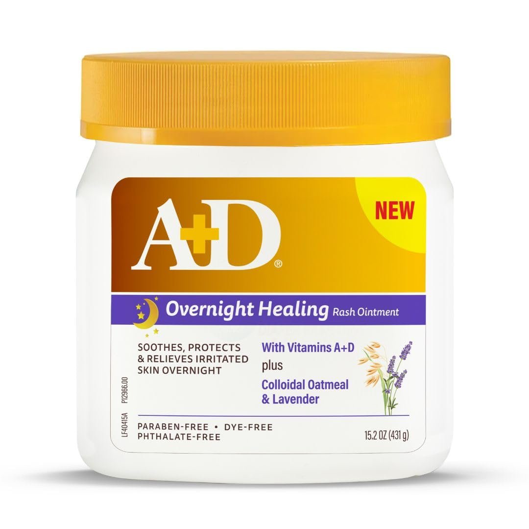 A+D Overnight Healing Diaper Rash Ointment – Soothes, Protects & Relieves Diaper Rash Overnight with Lavender & Colloidal Oatmeal – Healing Ointment for Red, Itchy, Irritated Skin – 15.2 oz Jar