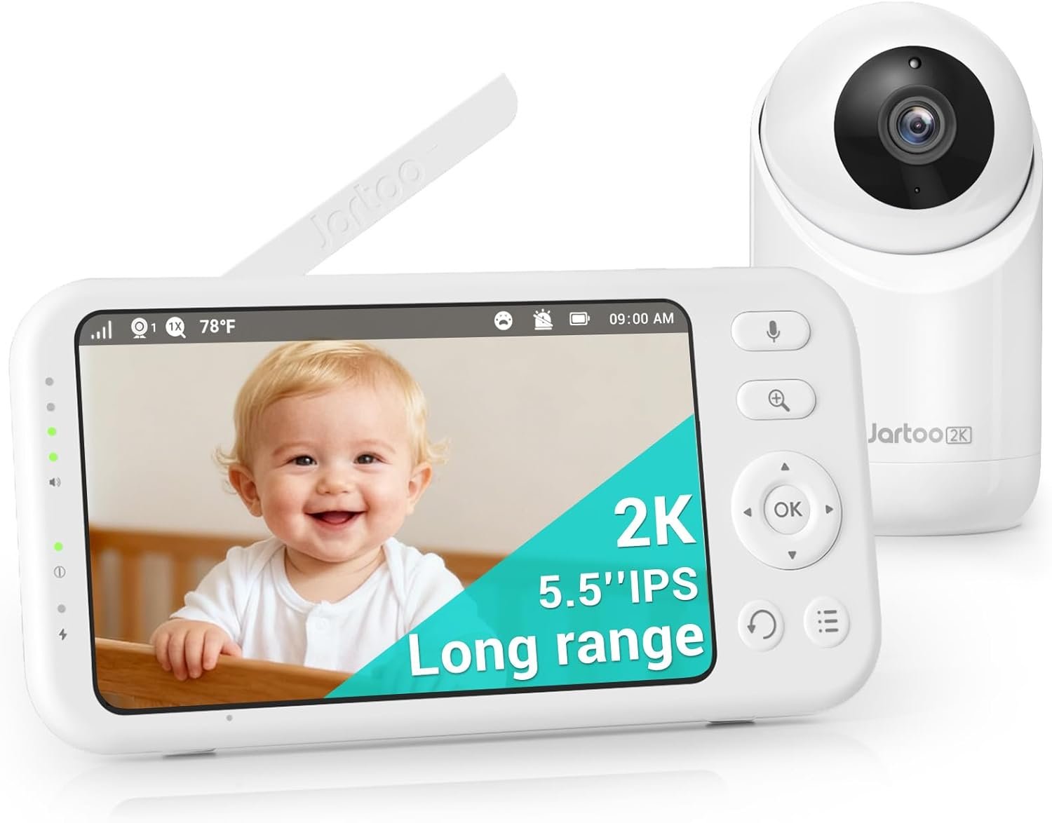 Jartoo 2K 5.5″ Video Baby Monitor with Camera and Audio,AI Cry Detect 1860ft Long Range Baby Monitor No WiFi Baby Camera Wireless,Clear Night Vision,ANC, 2-Way Talk,White Noise,6000mAh [2025 New]