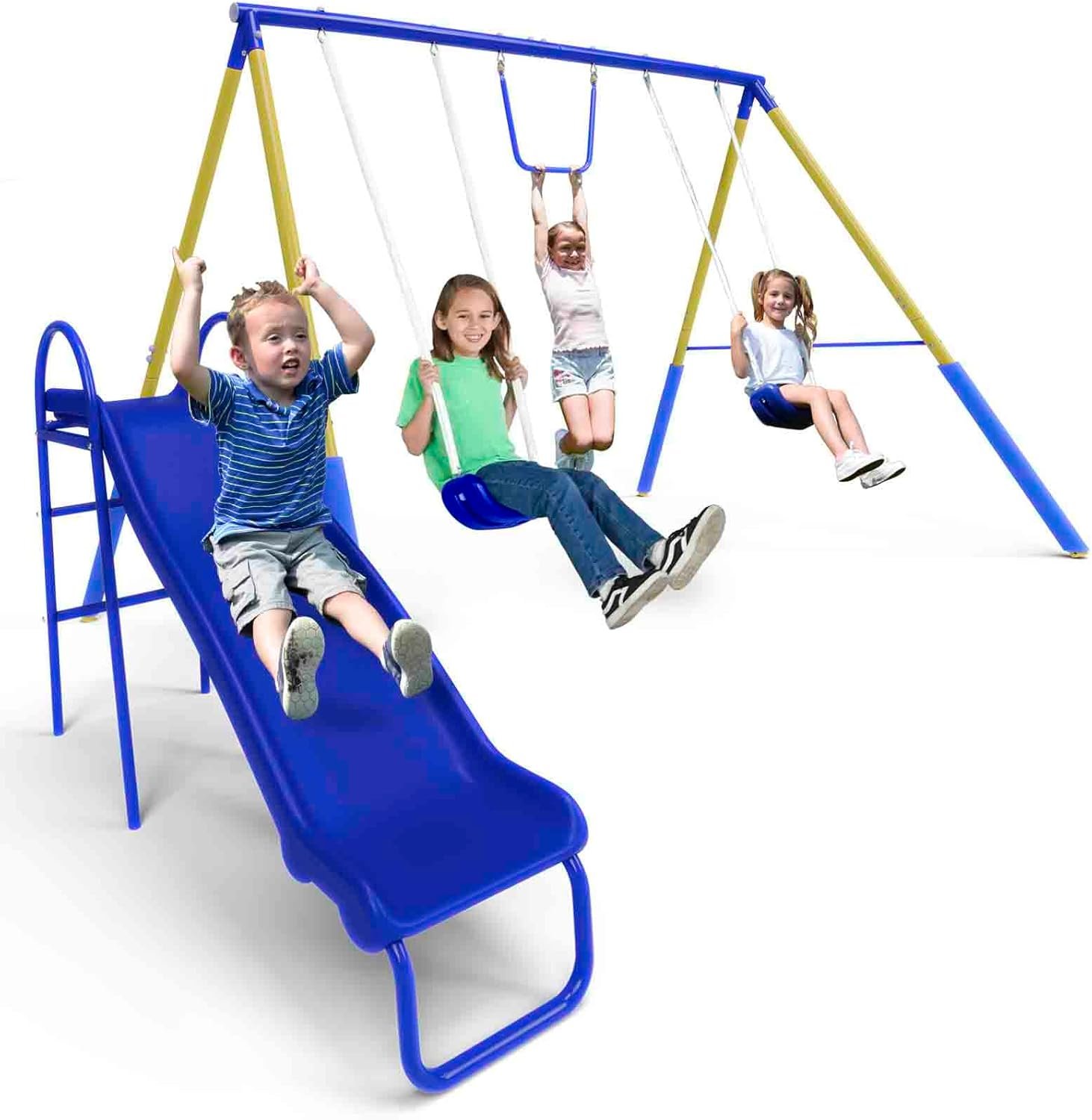 Sportspower My First Metal Swing Set with Slide, 4 Kids Max, Blue, Yellow