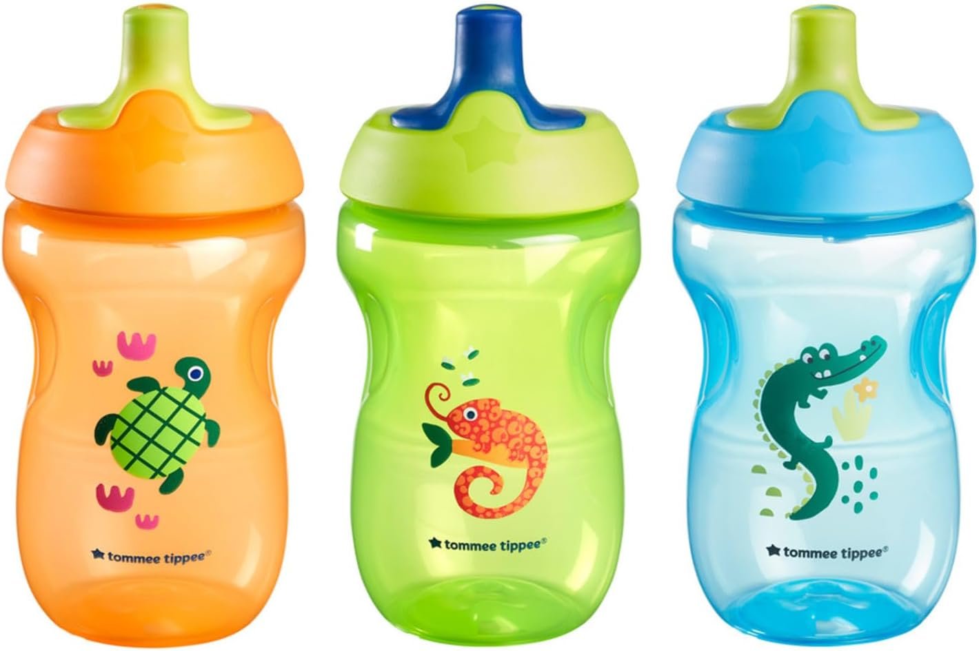 Tommee Tippee Sporty Bottle, 10oz Sippy Cups for Toddlers 1-3, Spill-Proof, Bite Resistant Spout, Easy to Hold Design, BPA Free, Pack of 3, Orange, Green and Blue | for 12m+, Non-Spill, Sippy Cups, for Toddlers, Easy-Hold