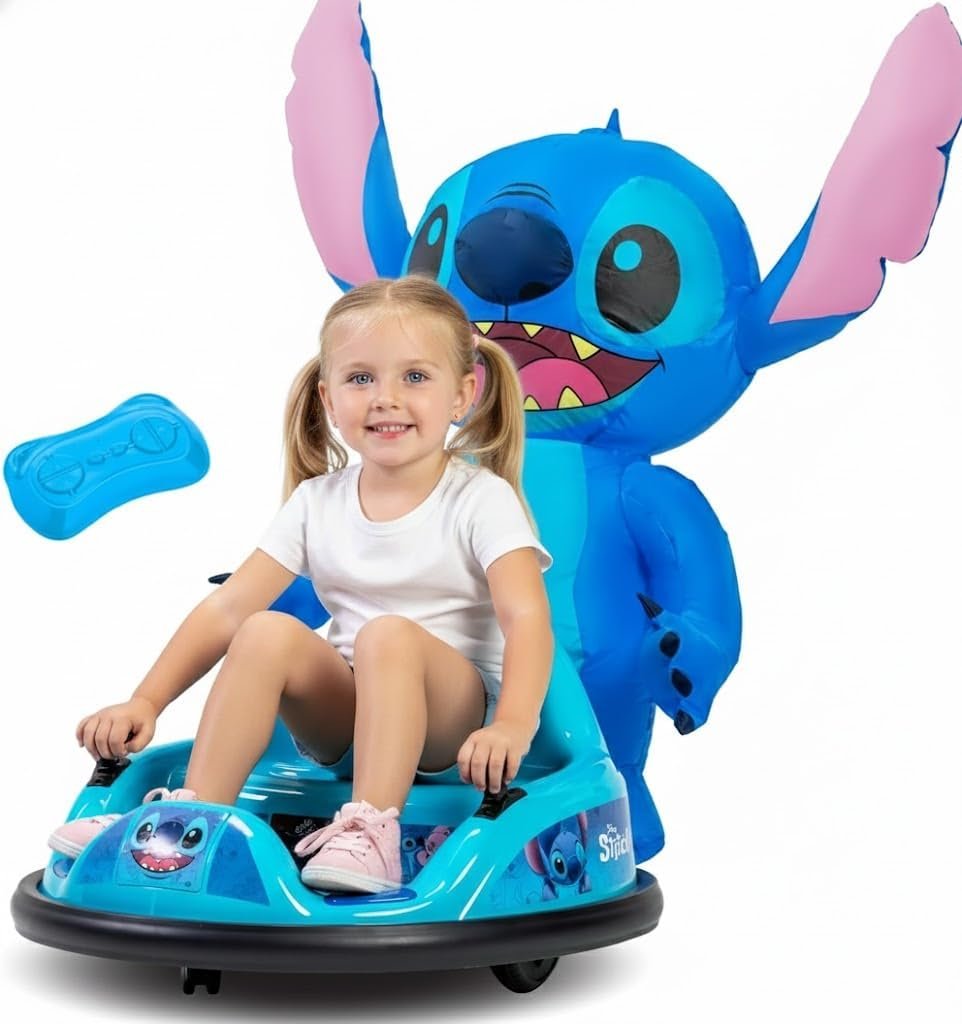 6V Stitch Toys Kids Bumper Car – Kids Electric Ride On Car, Toddler Toy, Auto-Inflated, Parent Remote Control, 360° Spins, LED Lights, 1MPH Speed, Max Weight of 66lbs, Age 1.5-4yrs