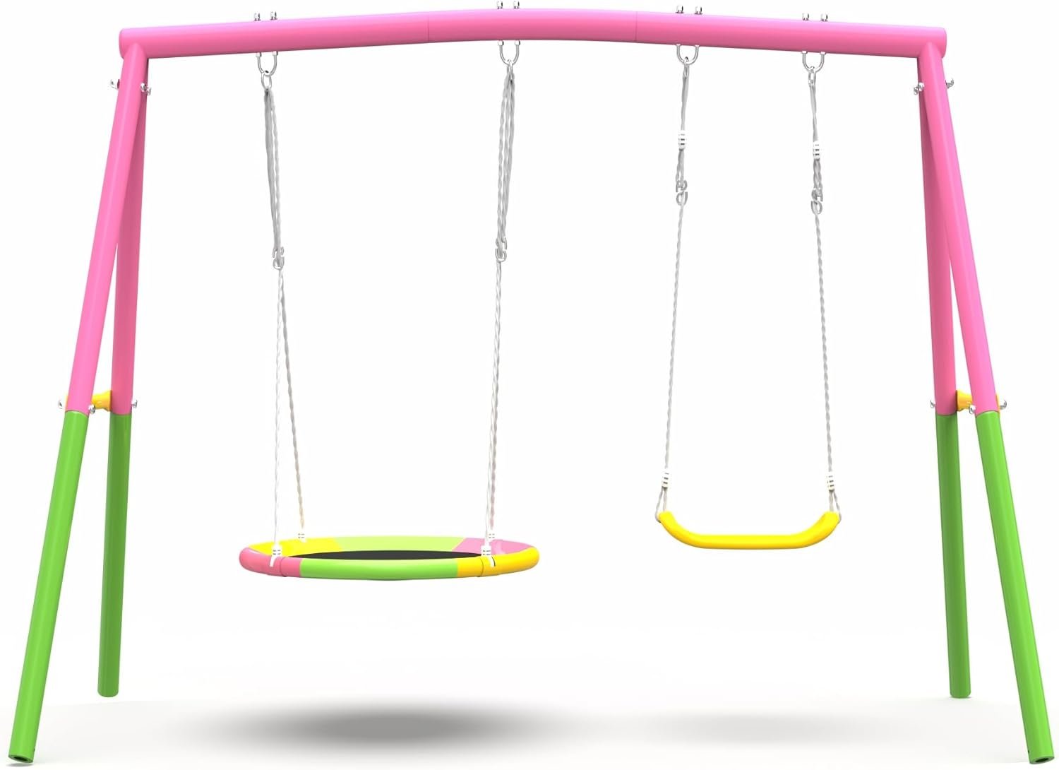 Swing Set for Backyard with Stand, 440lbs Swing Heavy Duty Metal Outdoor Swing Stand, Contain 1 Saucer 32″ & 1 Belt seat 26.2″ for Playground – Backyard Playset, Pink