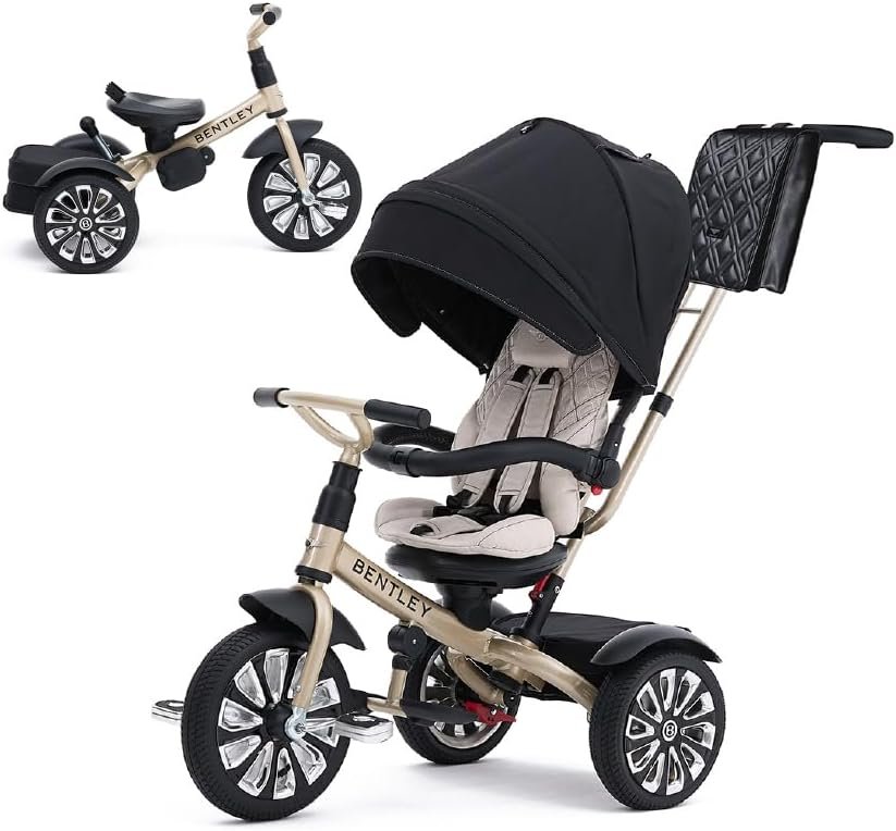 Bentley 6-in-1 Baby Stroller & Toddler Tricycle – Officially Licensed Luxury Kids Bike, Convertible Travel Strollers & Kid Trike with Air Wheels, Canopy & Safety Features (6m-5y+ | Mulliner Gold)