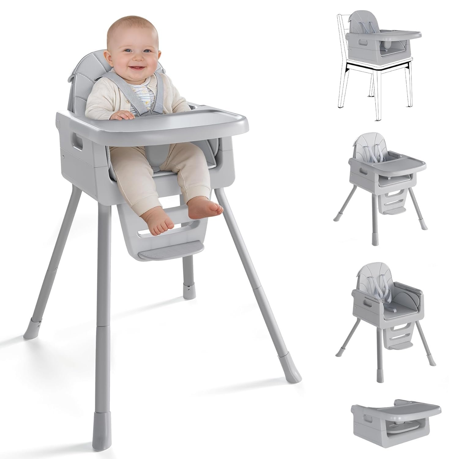 Baby High Chair for 6 Months+, Foldable High Chairs for Babies and Toddlers, Convertible Toddler Chair, Adjustable Tray & Footrest, Lightweight, Stable & Easy to Clean(Gray)