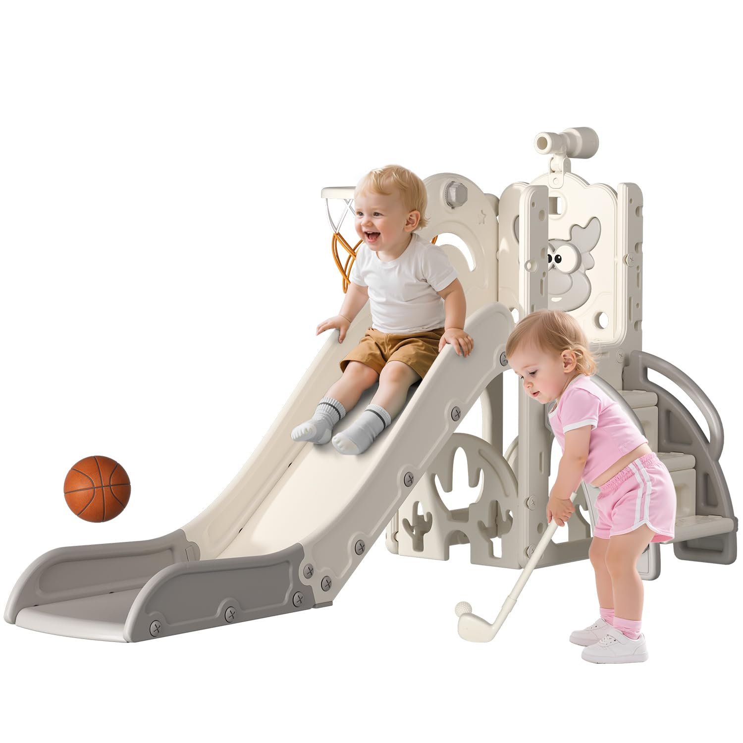 BIERUM Toddler Slide for Kids,6-in-1 Indoor Outdoor Toddler Slides Playground with Basketball Hoop, Golf Game & Telescope, L-Shaped Baby Slide Climber Playset, Cream&Gray