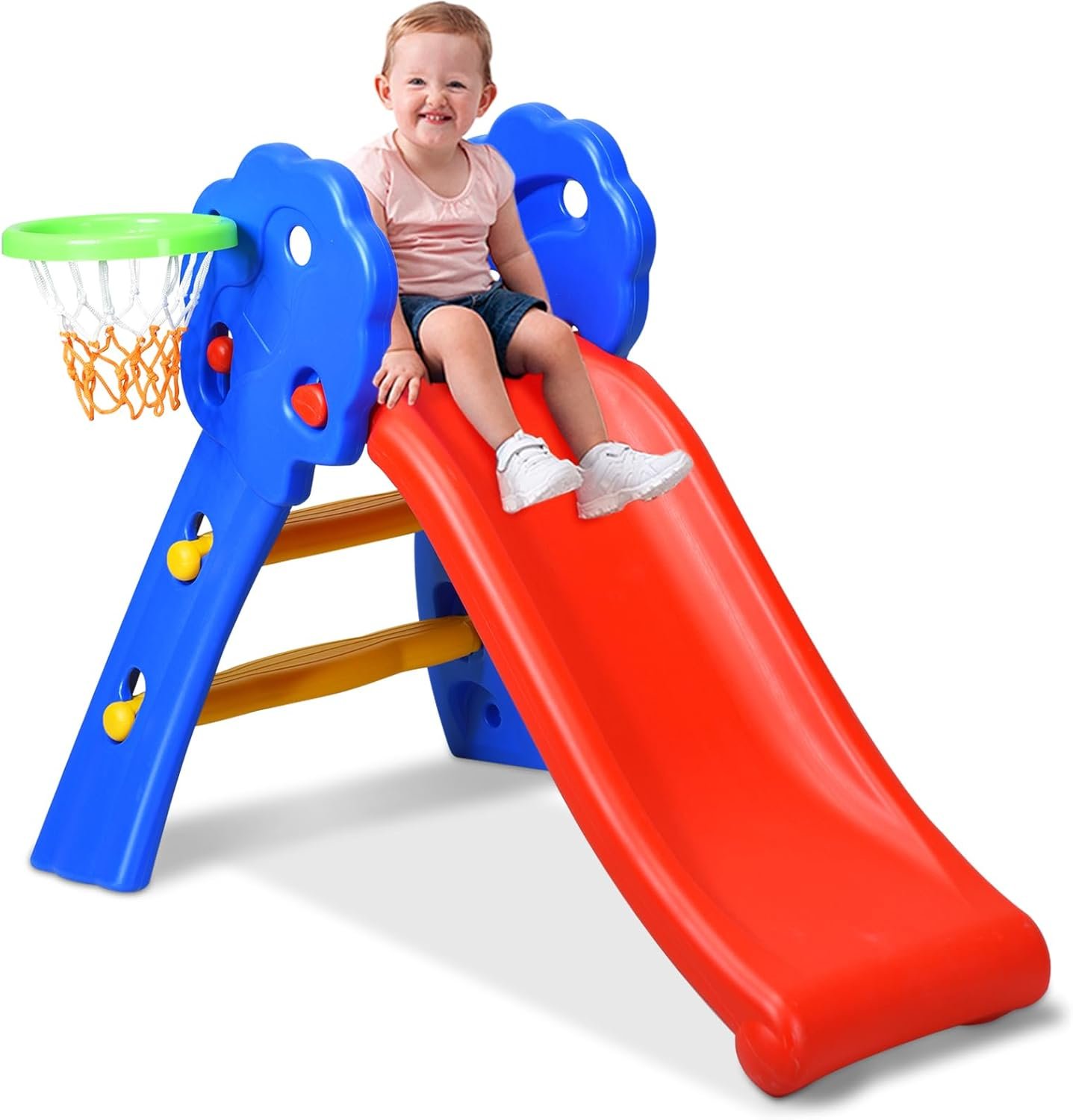 KOTEK Folding Toddler Slide for Indoor and Outdoor, Freestanding Plastic Baby Slide Climber Playset, Easy to Store, Anti-Slip Steps, Kids Playground Toy Ages 3-5 (Blue with Basketball Hoop)