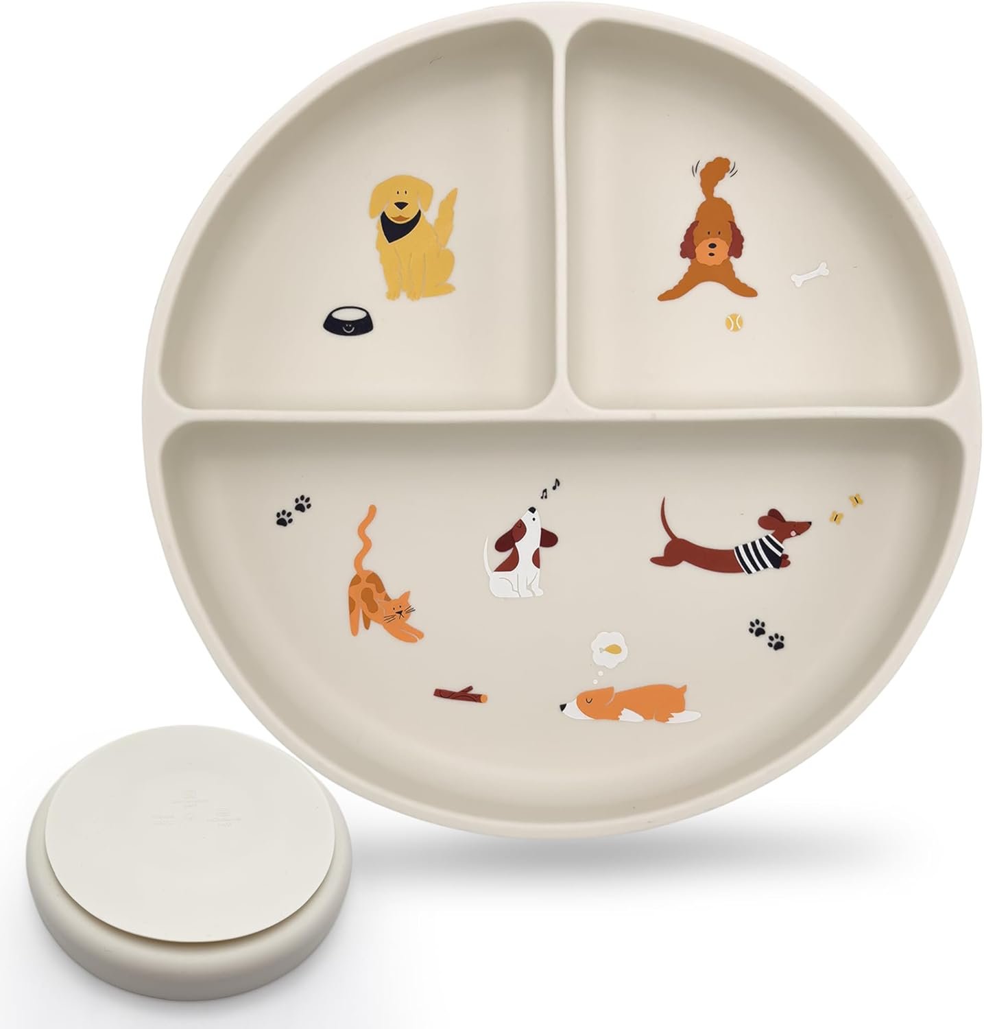 Silicone Suction Plates with Dividers – Grip Plates for Babies 6-12 Months and Toddlers 1-3, Toddler and Baby Dishes, Baby Led Weaning Essentials, Dishwasher Safe (Beige – Dogs and Cats)