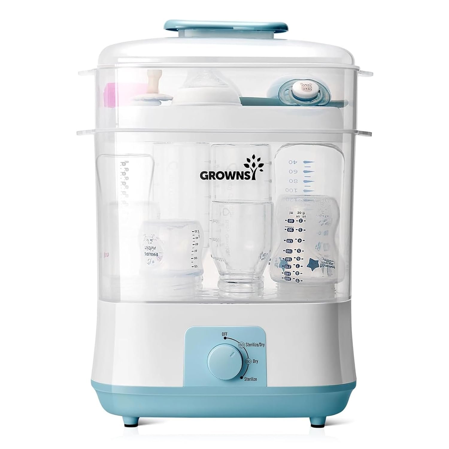 Grownsy Adjustable 4 in 1 Large Bottle Sterilizer and Dryer, 8 Bottles Capacity,Electric Steam Baby Bottle Sterilizer, Sanitizer for Baby Bottles & Pacifiers, Breast Pump Parts Blue