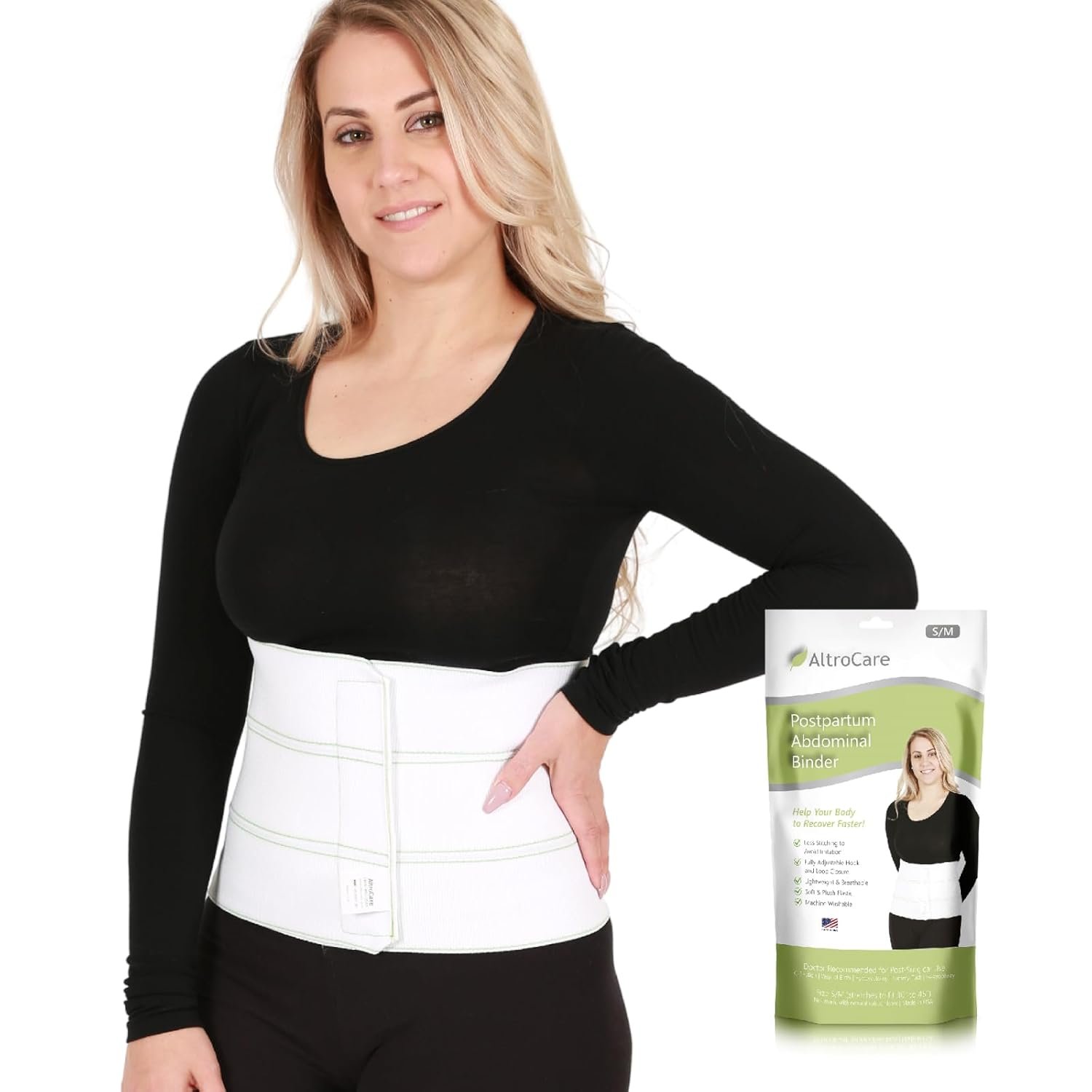 Postpartum & Post Surgery Abdominal Binder. 3-Panel belly band for recovery after childbirth, hysterectomy, tummy tuck, hernia, diastasis recti. Size L/XL (45″ to 60″). Made in USA.