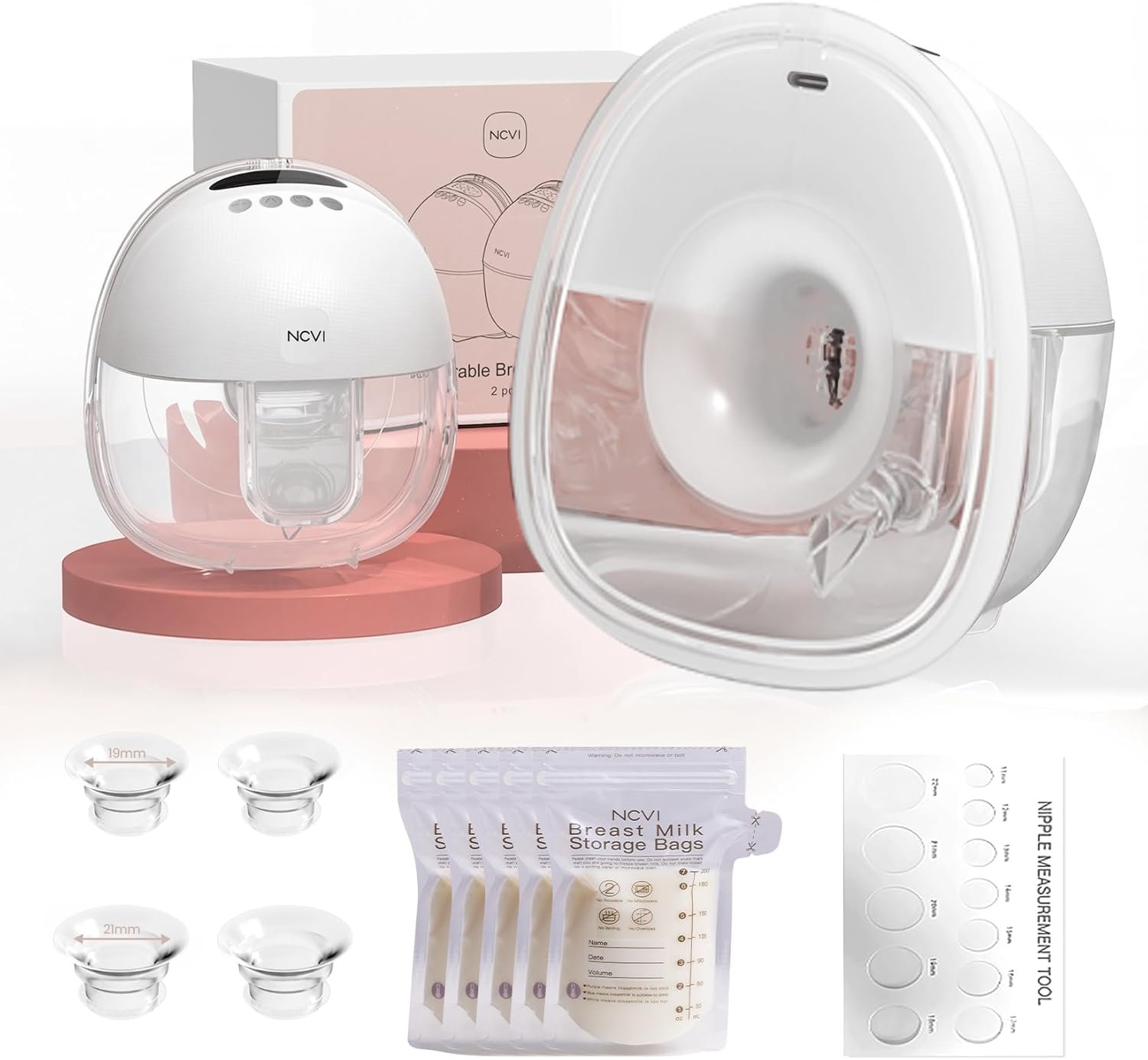 NCVI Breast Pump Hands Free, Wearable Breastfeeding Pump with Strong Suction, 1400mAh Long Battery, 4 Modes & 9 Levels, Discreet Ultra-Quiet Portable Wireless Pump, 19/21/24mm Flange Inserts, 2 Pack