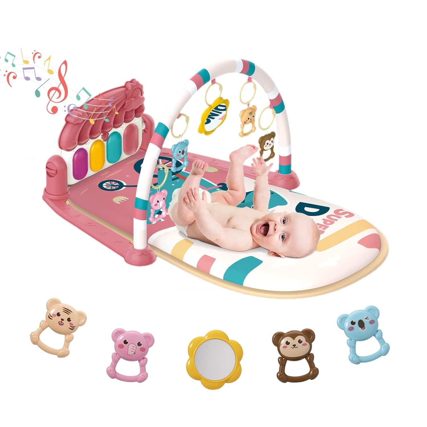 dearlomum Play Mat & Activity Gym, Piano Tummy Time Gym Mat with 5 Infant Sensory Toys, Music and Lights, Gifts for Newborns 0–12 Months (Pink)