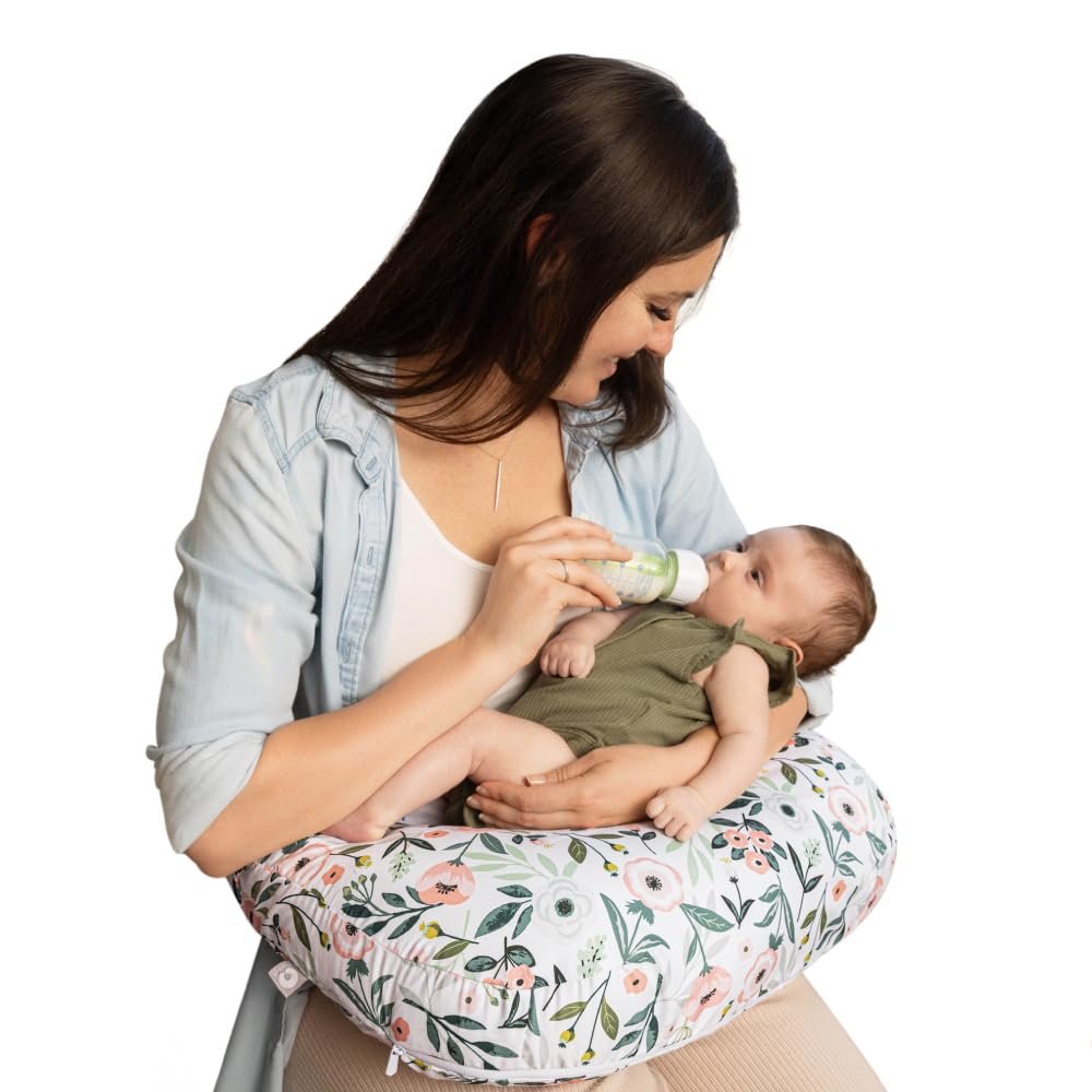 Boppy Nursing Pillow – Firm, Ergonomic U-Shaped Bottle and Breastfeeding Pillow with High Lift for Comfort and Support, Spacious Surface – Pink Garden Flowers