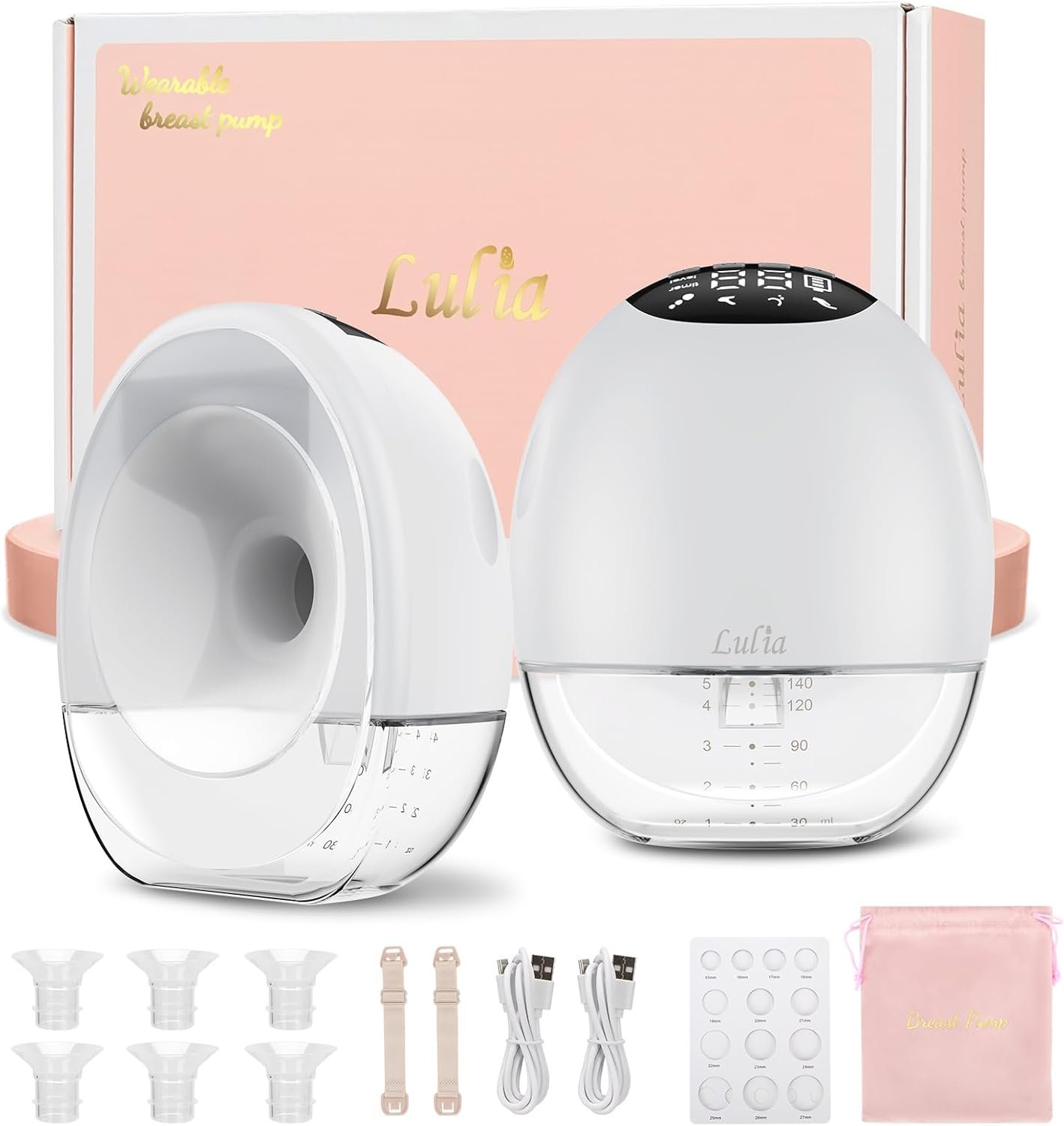 Lulia Breast Pump Hands Free, Upgraded Wearable Breast Pump, 380mmHg Strong Suction, 4 Modes & 9 Levels, Quickly Store Milk, 17/19/21/24MM Flanges, 2 Pack