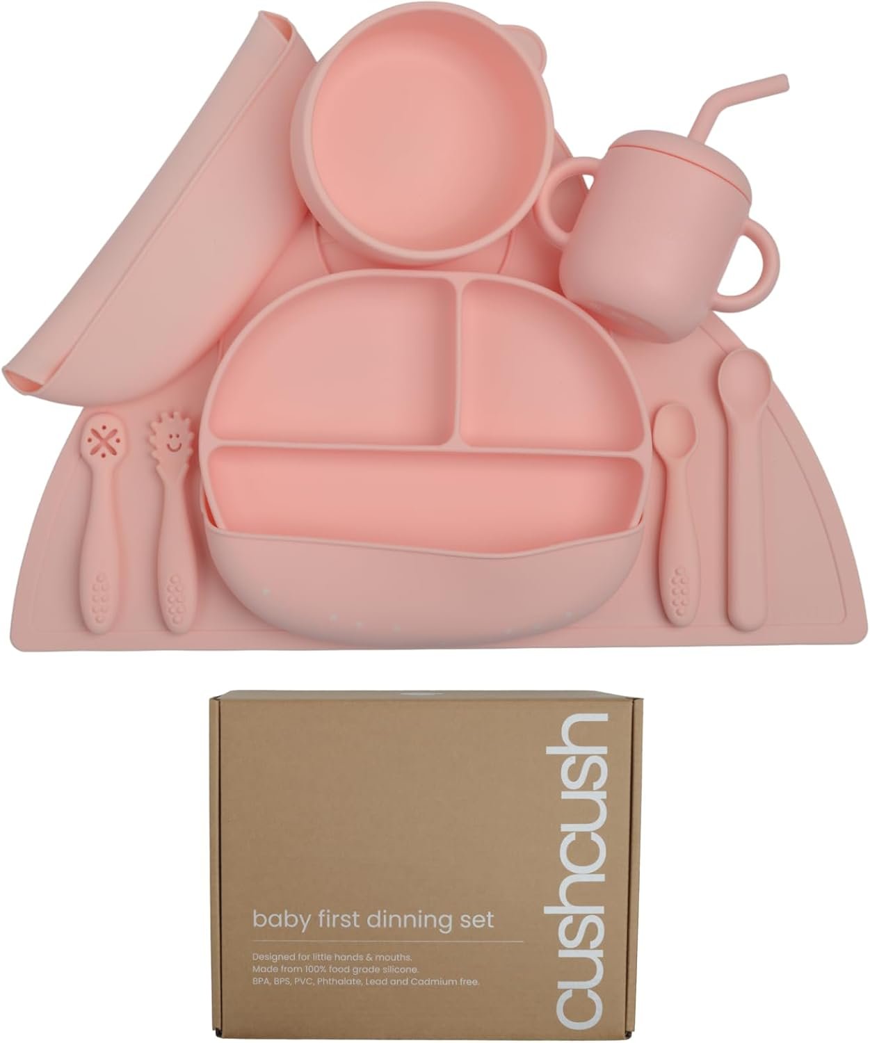 Silicone Baby Feeding Set, Baby Led Weaning Supplies, First Stage Solid Food eating Utensils, Divided Suction Plate, Bowl, Bibs, Sippy Cup, Placemat – 6+ months Newborn Gift (Blush Pink)