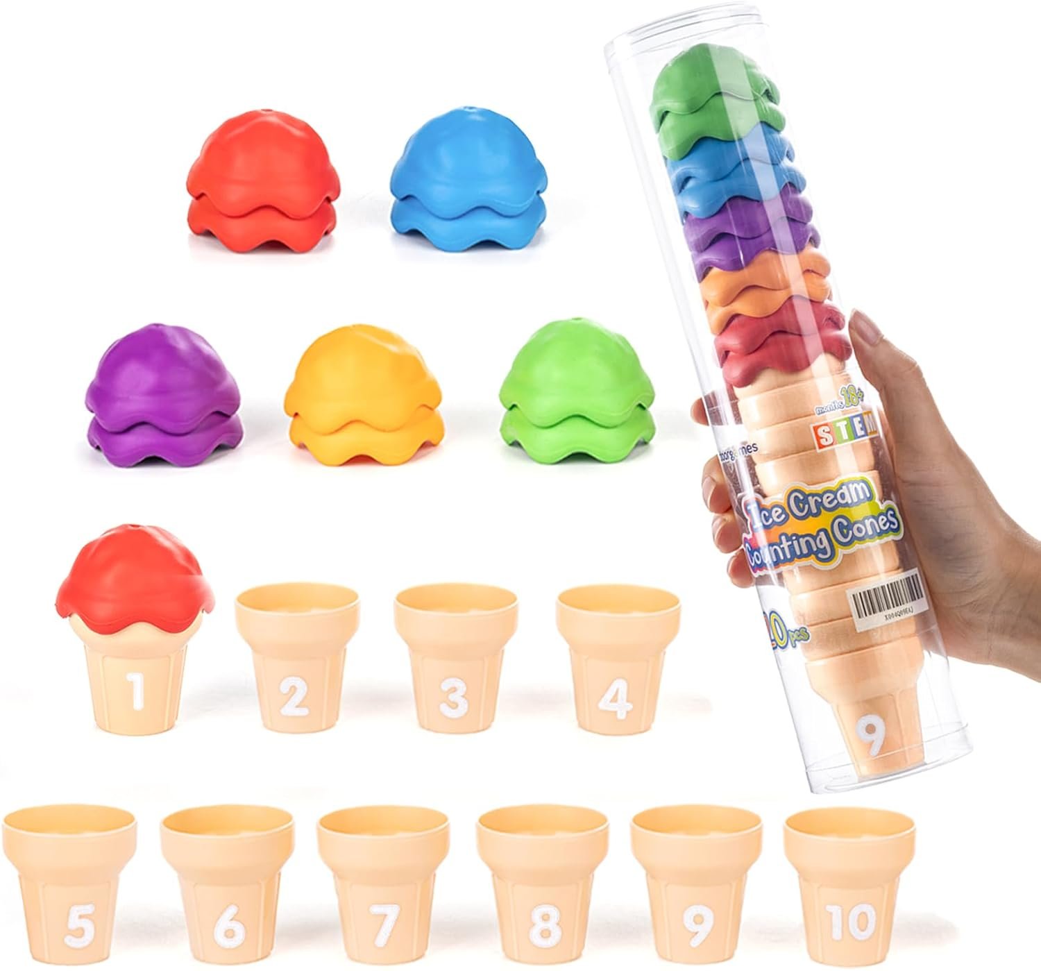 Ice Cream Counting Cones 1-10 – Number Matching Toy for Toddlers – 10 Cones + 10 Stacking Scoops, Educational Preschool Learning