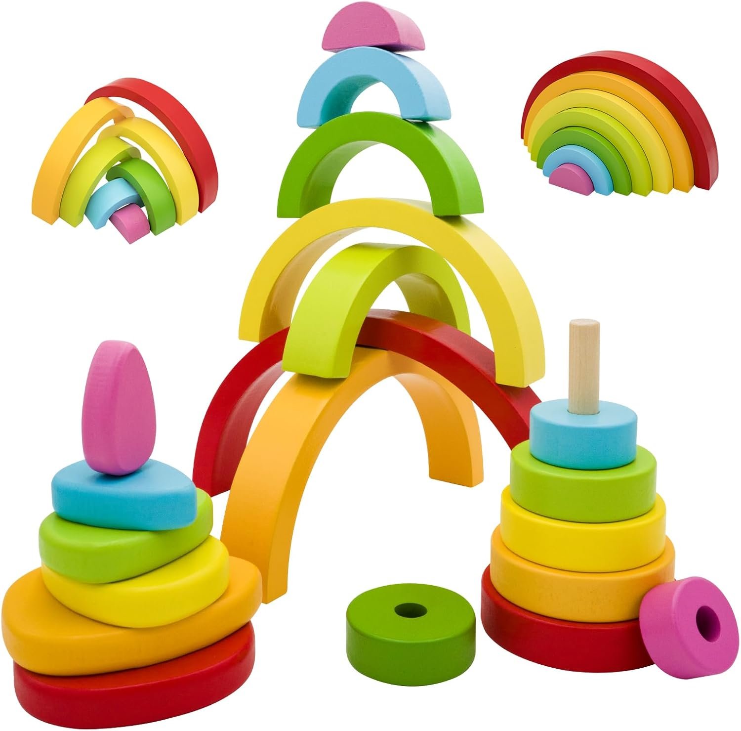 MEGRANATE Montessori Wooden Rainbow Stacking Toys for Baby Grimms Wood Building Blocks Nesting Puzzle Toy Colorful Stacker Arch Game Sensory Educational Learning Toys for 3+ Year Old Toddler