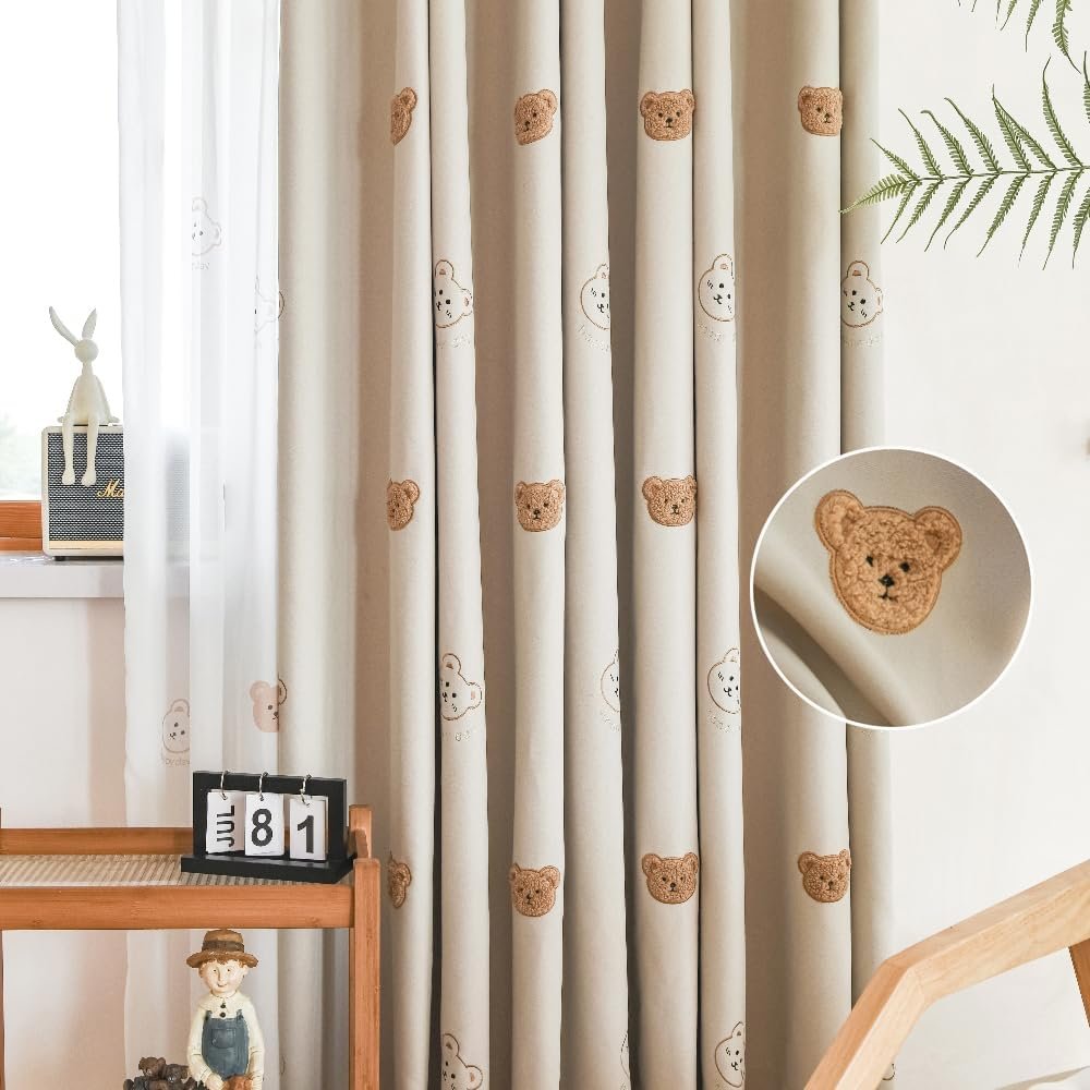 Cartoon Bears Kids Blackout Curtains for Babys Bedoom Living Room Grommet Top Beige Embroidery 3D Bear Darkening Curtain for Nursery Baby Room 1 Panel (Beige, W42 L84 inch)