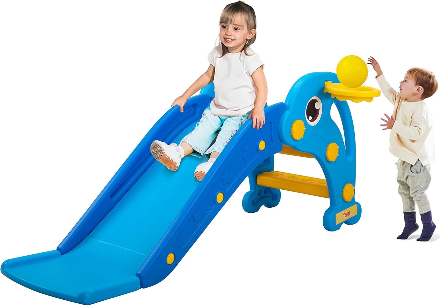 TOBBI Kids Slide for Indoor and Outdoor, Freestanding Slide for Toddler Playground Slipping Slide Climber Toy Playset with Basketball Hoop & Ball, Sky Blue