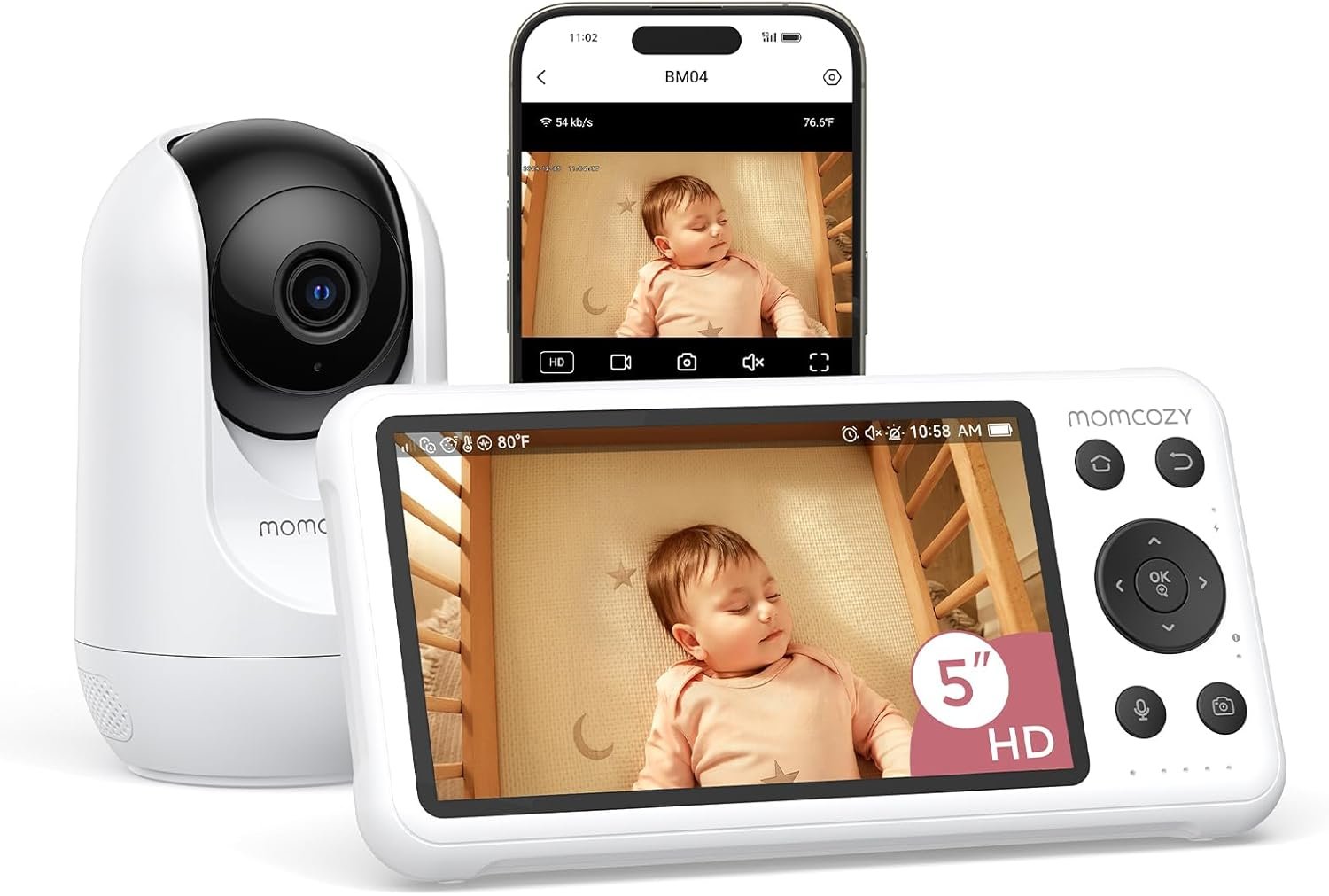 Momcozy Smart WiFi Baby Monitor with Camera and Audio, 5″ 1080P Screen with Wall Mount, Motion & Cry Detection, Safe Fence,Clear Night Vision, 5000mAh Battery, 2-Way Talk, Photo & Video Recording,BM04