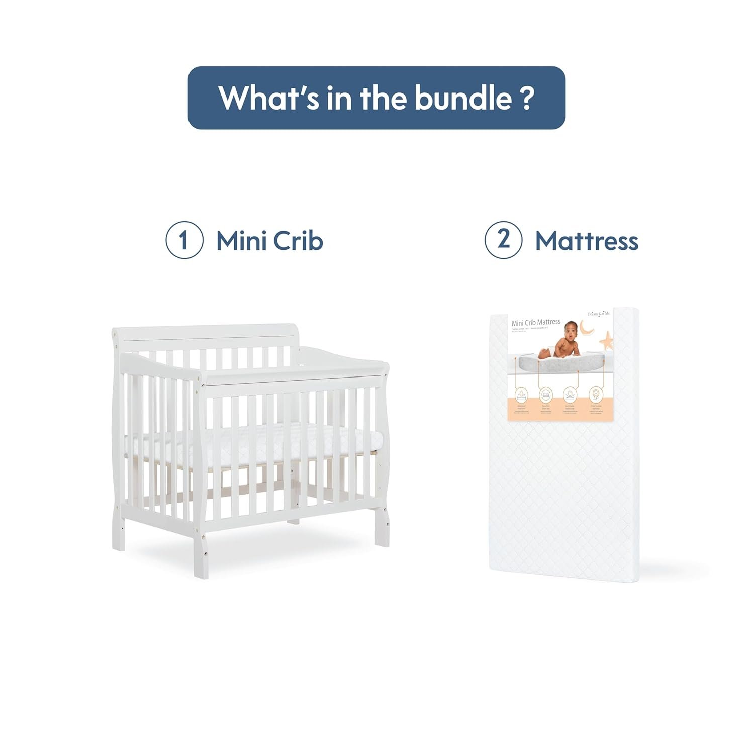Bundle of Dream On Me Aden 4-in-1 Mini Crib & Holly 3” Portable Crib Mattress | Greenguard Gold Certified, Space-Saving Design, Adjustable Height, Waterproof Easy-Clean Cover