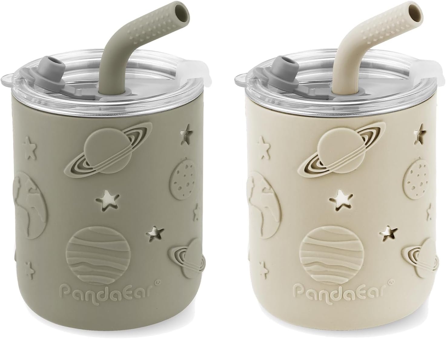 PandaEar 2 Pack Stainless Steel Cups with Lids & Silicone Sleeves | 8.8 oz Spill Proof Sippy Cups with Straw Stopper & Teething-Friendly Straws for Kids Children Ages 3+ (Beige & Khaki)