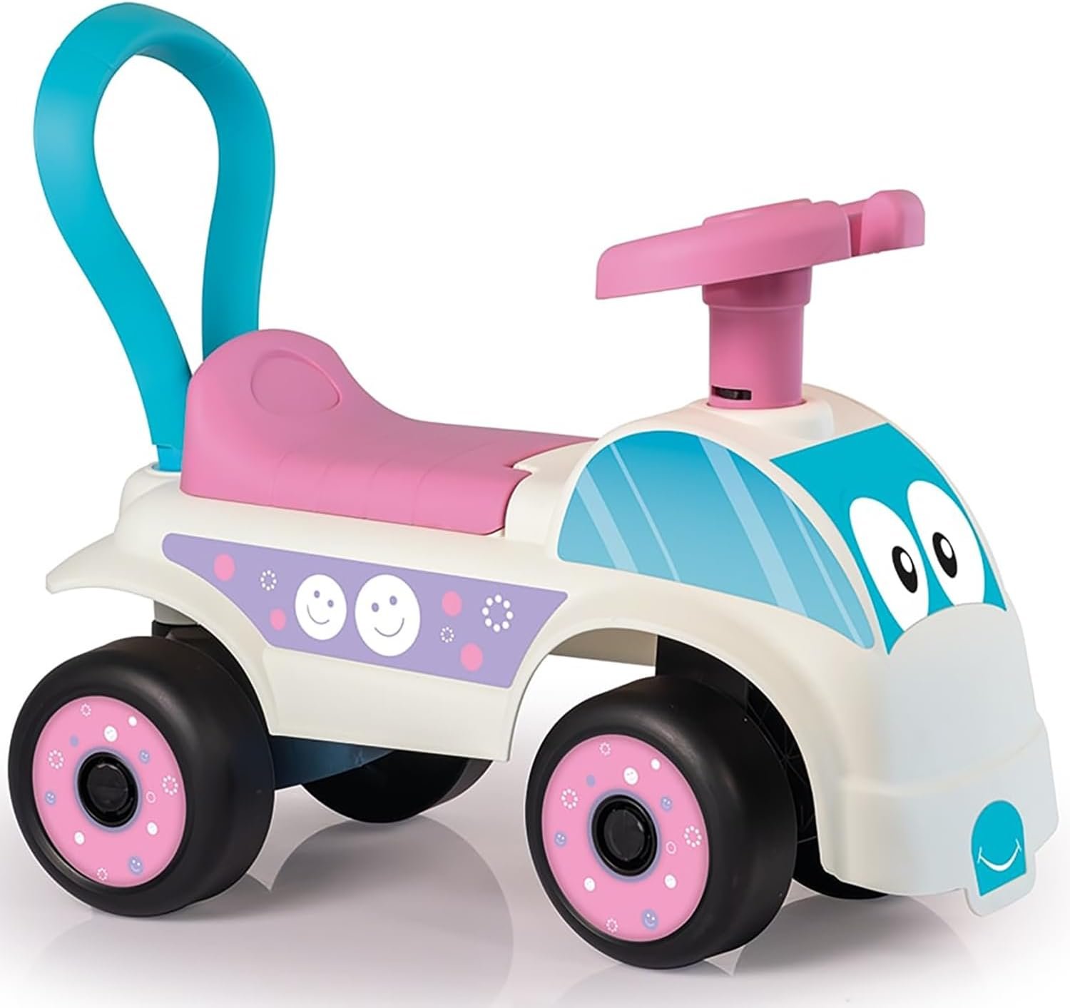 DOLU: Walk & Drive Foot to Floor Car – White & Pink – Ride-On Toy Vehicle, Horn, Storage Seat, Push-Pull Handle, Indoor-Outdoor Play, Toddlers 12mo+