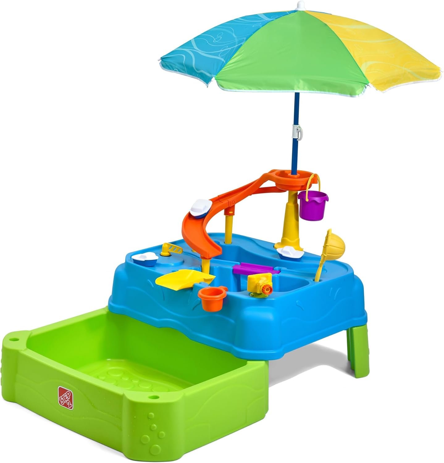 Step2 Waterpark Wonders Two Tier Water Table, Kids Water Activity Sensory Playset with Umbrella, Garden Hose Sprinkler Attachment, 11 Piece Accessories, Outdoor Summer Toy, Ages 18 Months+, Blue