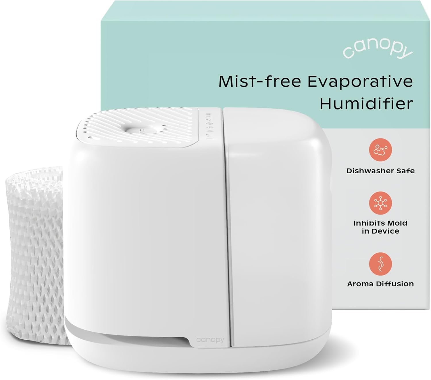 Canopy Bedside Humidifier 2.0, White, 36 HR Run Time, 2.5L Capacity – Reading Light & White Noise – Alleviate Symptoms of Allergies, Flu, Cold, Dry Skin – Humidifier, Filter, Power Cord & Adapter