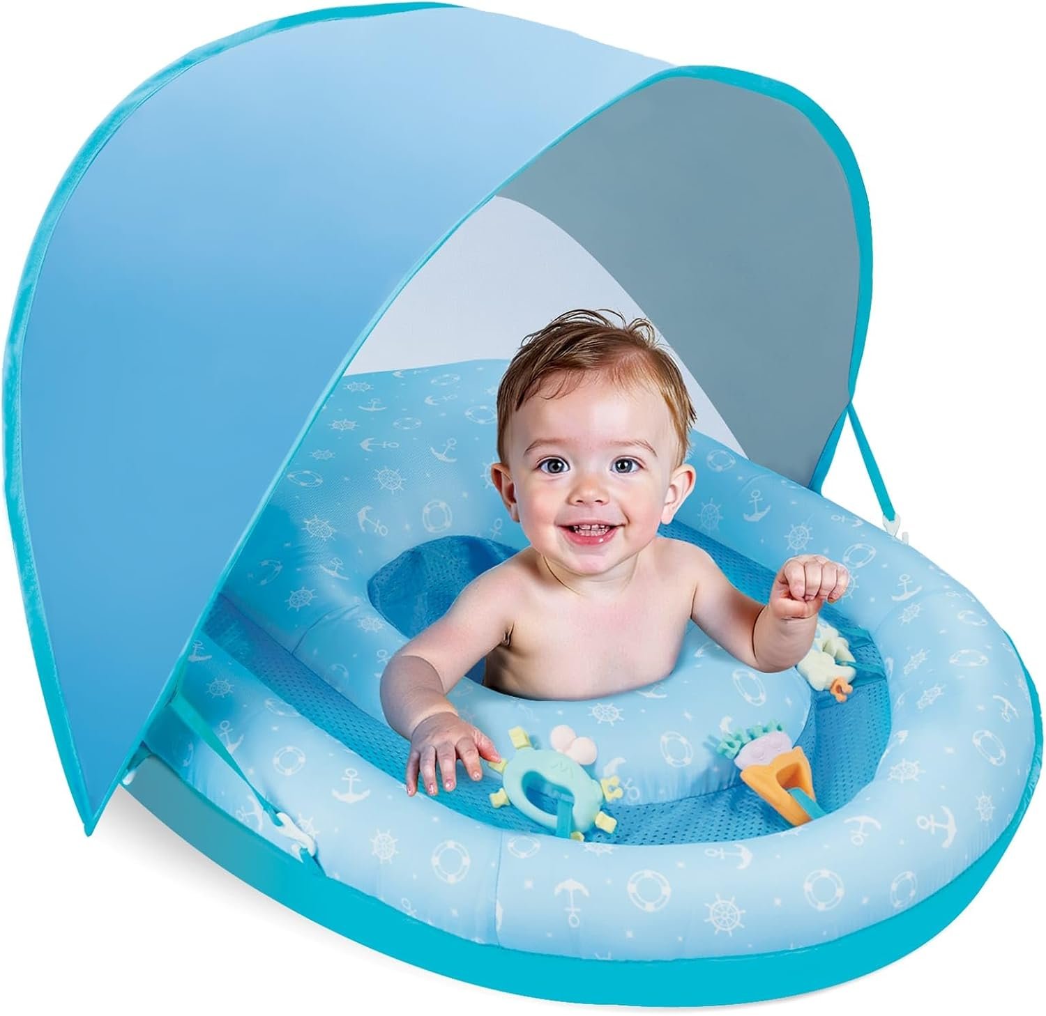 WERNNSAI Baby Pool Float with Canopy – Inflatable Baby Floaties for Toddlers Aged 6-36 Months, Toddler Swim Pool Float with Foldable Shade and Sea Animal Toys, Swimming Pool Accessories for Kids