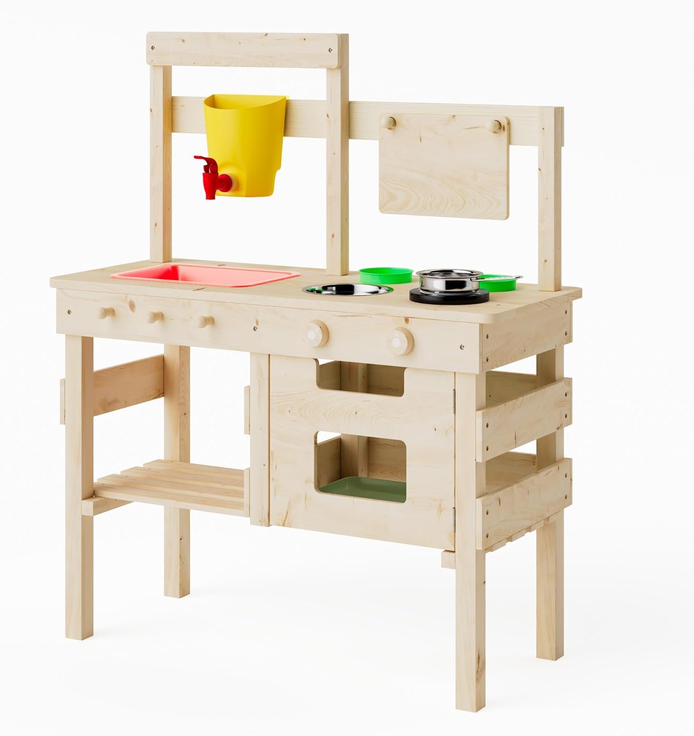 Outdoor Play Kitchen for Kids, Mud Kitchen with Water Faucet, Dual-Sided Chalkboard, Storage Shelves, Cups, Removable Sink, and Pretend Stove – Backyard Toddler Playset for Boys and Girls