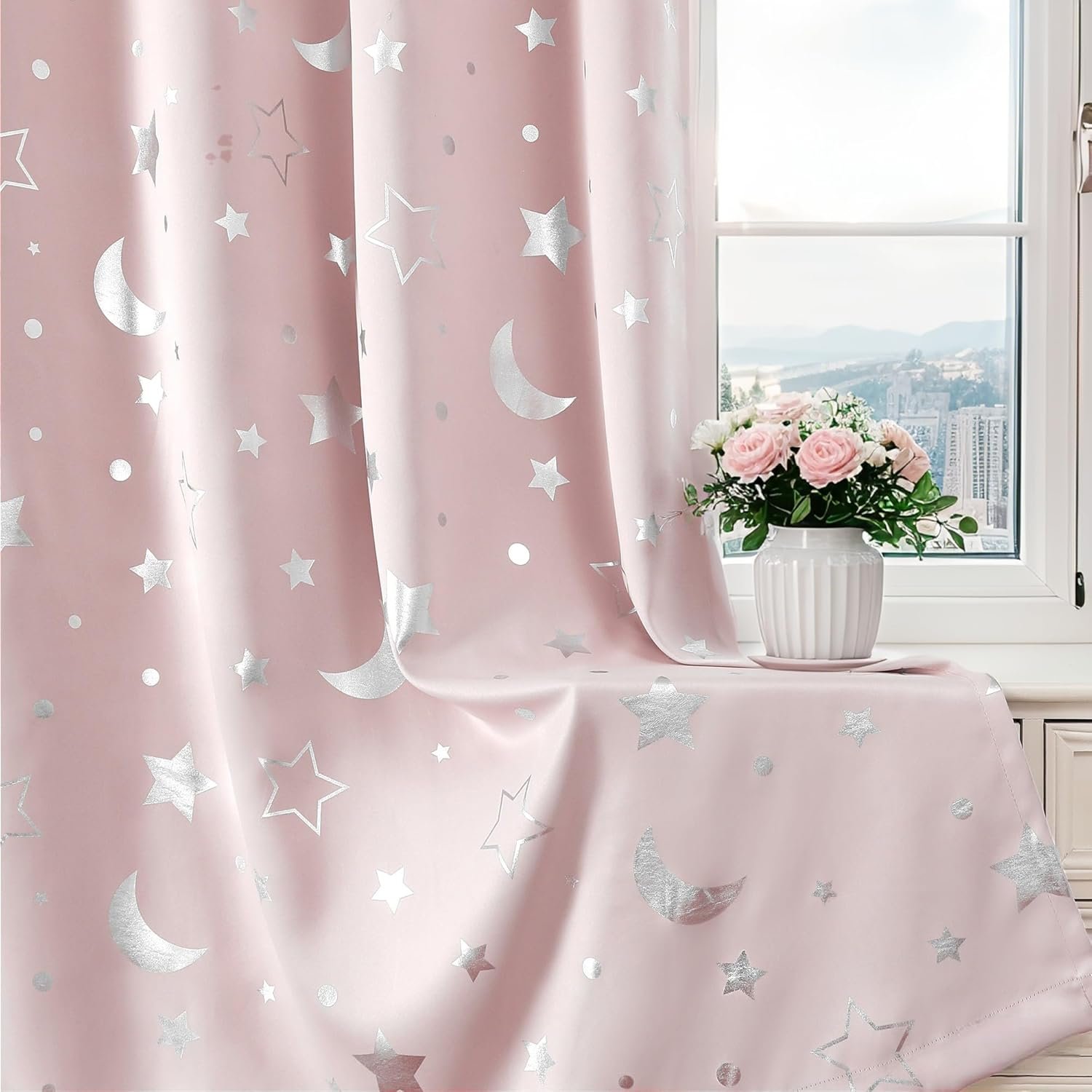 WUBODTI Pink Curtains for Girls Bedroom Blackout Star Curtains for Kids Room Baby Nursery 45 Inch Length, Cute Silver Star Patterned Space Theme Romantic Thermal Insulated Drapes 2 Panel Sets