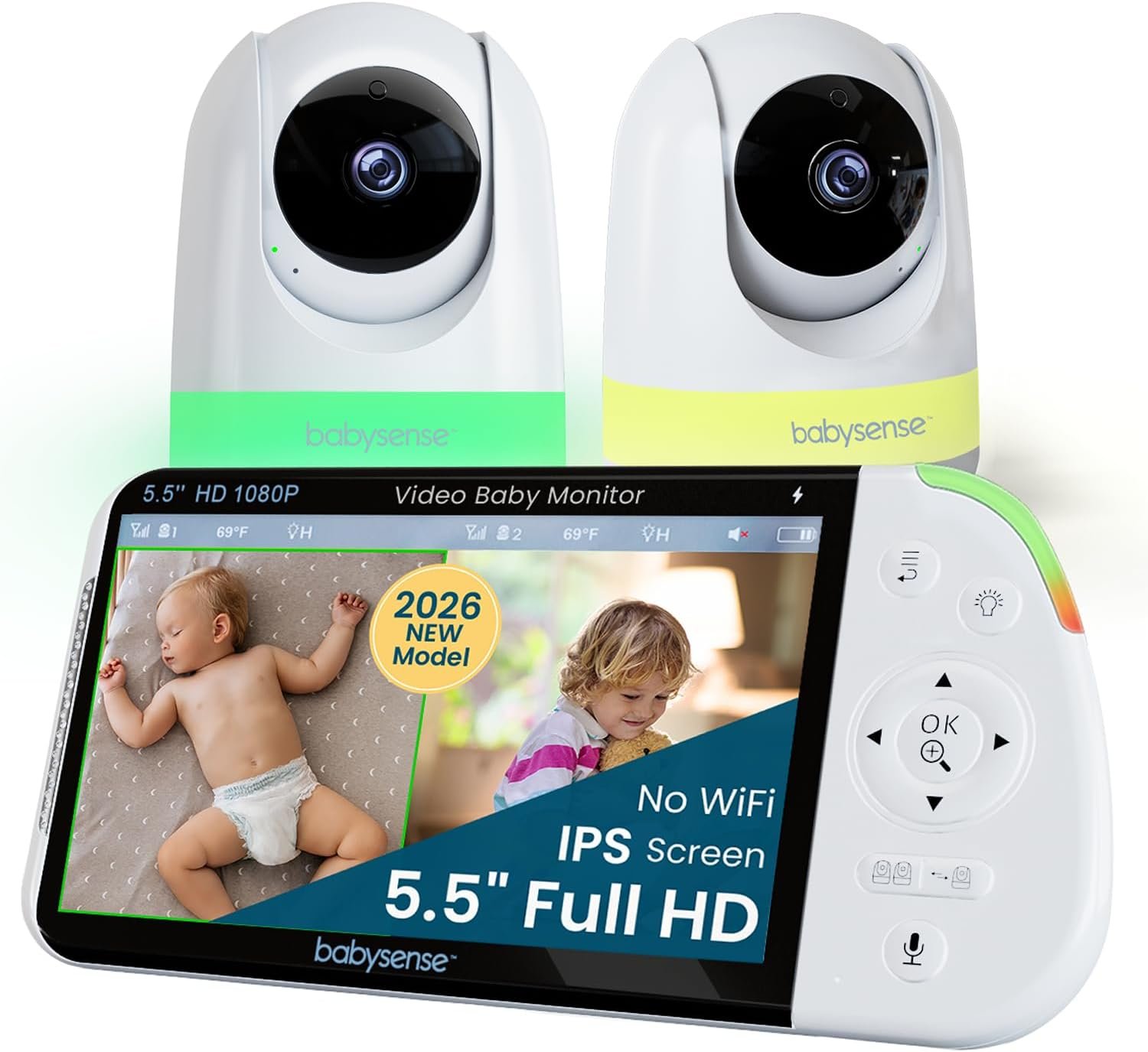 Babysense PRO Full HD 5.5″ Split Screen Baby Monitor with 2 Cameras, 6-Color Night Light, White Noise, Sound & Light Machine, 20-Hour Battery, Hack-Proof Non-WiFi Secure Connection