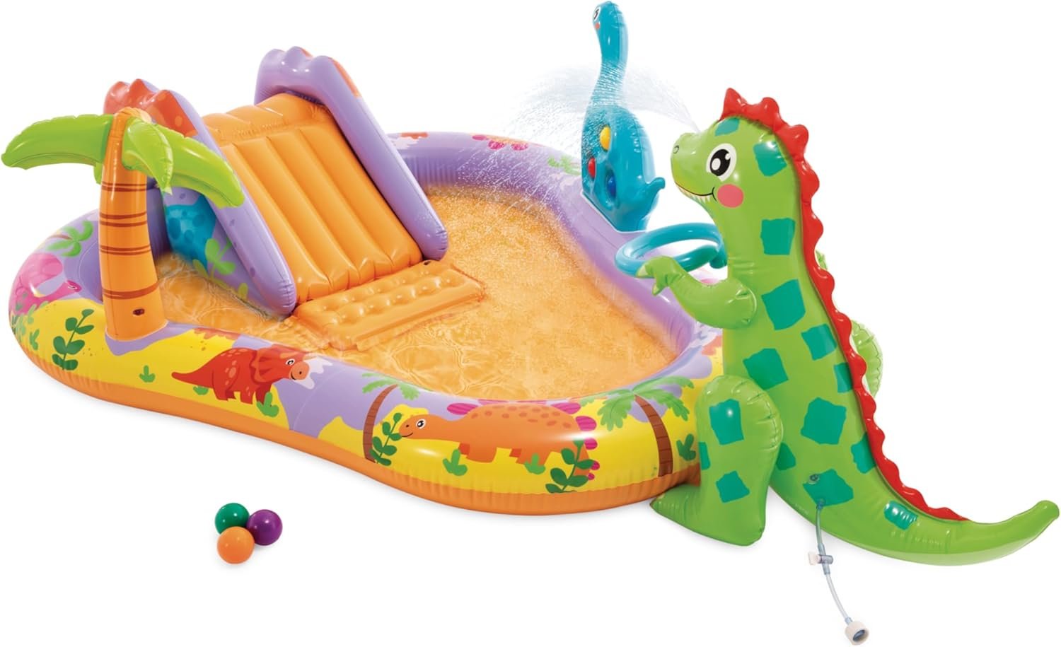 INTEX Dino Park Inflatable Kiddie Pool: Inflatable Kids Pool with Water Sprayer and Slide – Splash Pad – 79″ x 62″ x 27″ – Ages 3+