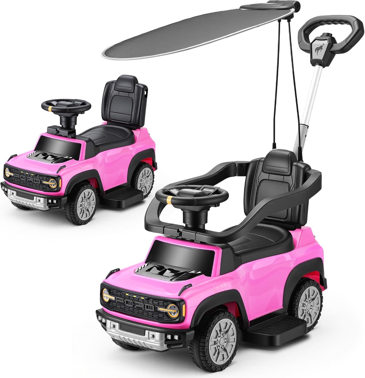 First Ride On Licensed Ford Bronco Raptor 3-in-1 Toddler Push Car, Toddler Ride on Toy, Baby Push Car for Toddler 1-3 Girl w/Canopy, Adjustable Handle, Rail, Horn and Music, Stroller Substitute (Pink)