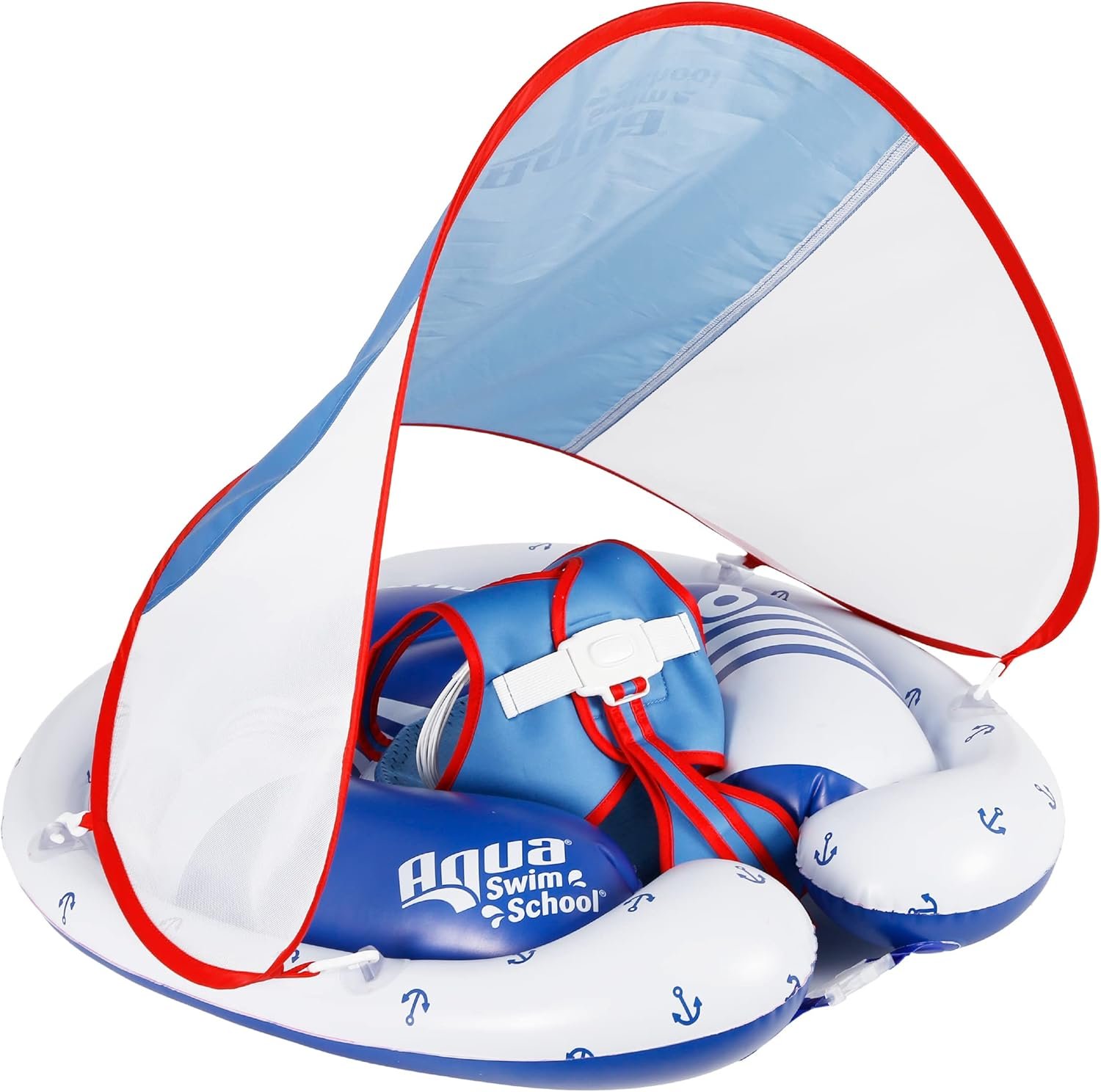 SwimSchool Freestyle Swimmer Baby Pool Float with Multi-Position, Adjustable Safety Seat, Free Swimming, Dual Air Chambers Safe, Red-White-Blue Nautical