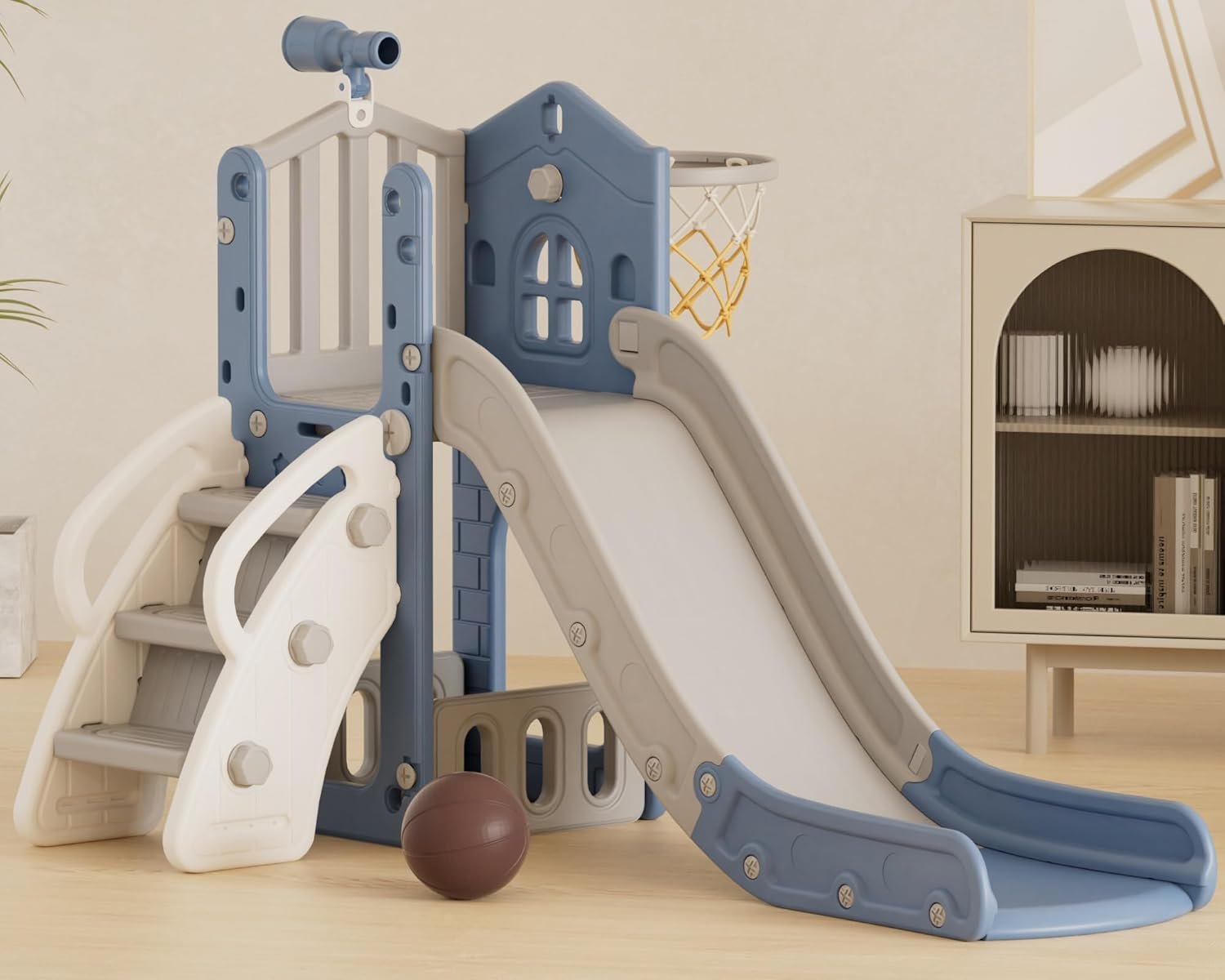 XJD 5 in 1 Toddler Slide, Kids Slide for Toddlers Age 1-3, Outdoor Indoor Playset for Toddlers with Basketball Hoop and Ball, Storage Space Birthday Gifts for Toddler (Blue)