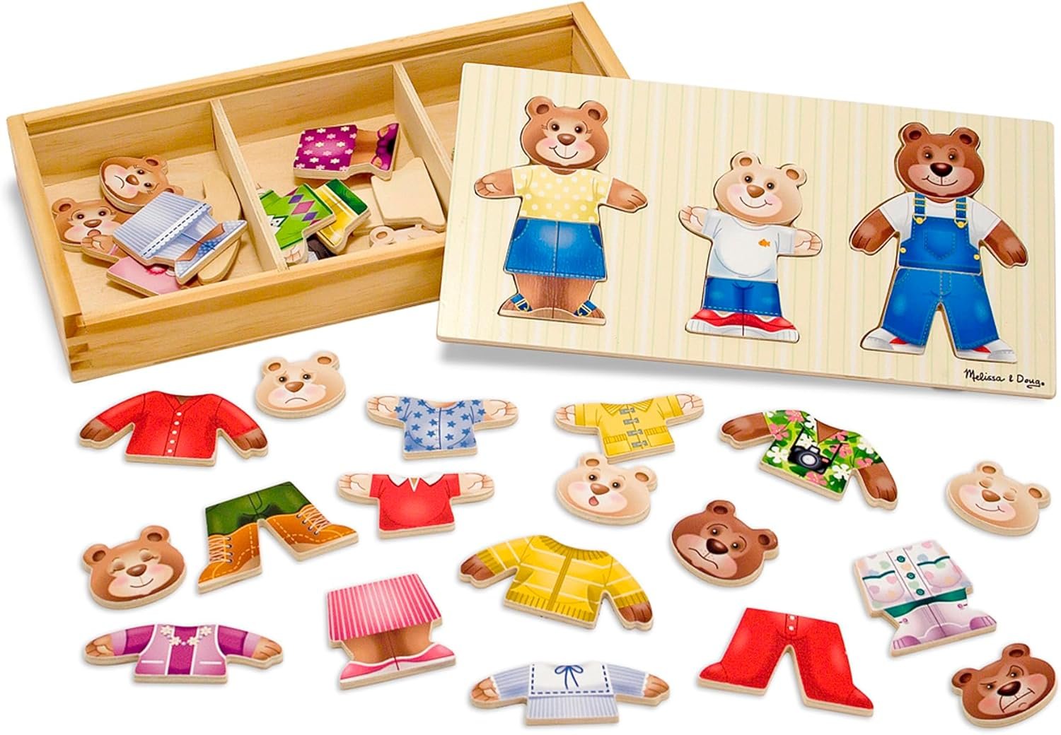 Melissa & Doug Wooden Bear Family Dress-Up Puzzle, 45 Pieces Mix and Match Outfits, Sorting & Matching Toy with Storage Case, Educational Puzzle for Toddlers Ages 3+