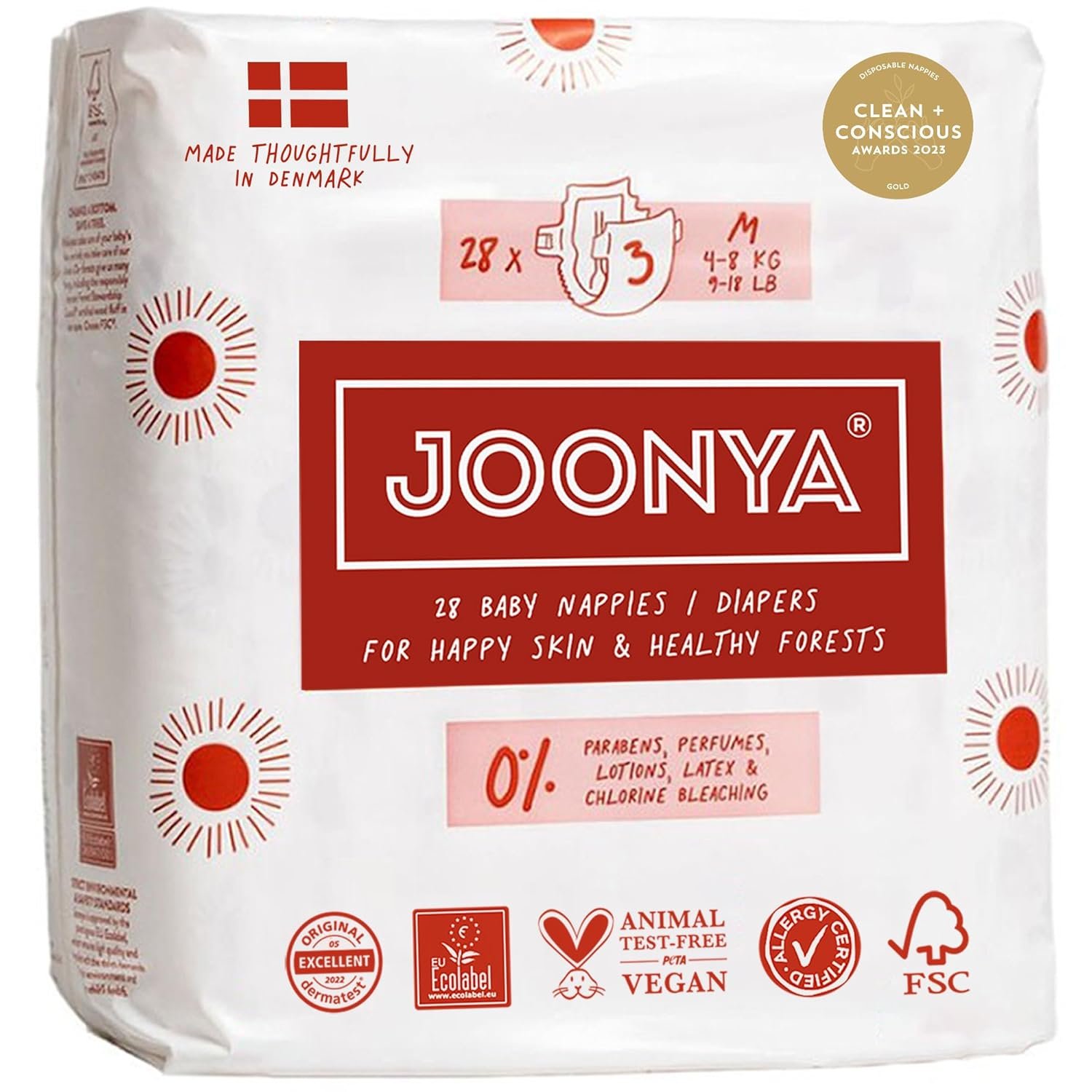 Joonya Baby Diapers, Size 3 M (9-18 lb) – 1 Bag of 28 – Non Toxic, Eco-Friendly, High Absorbency, Overnight Use, Ultra Slim & Soft – Made in Denmark
