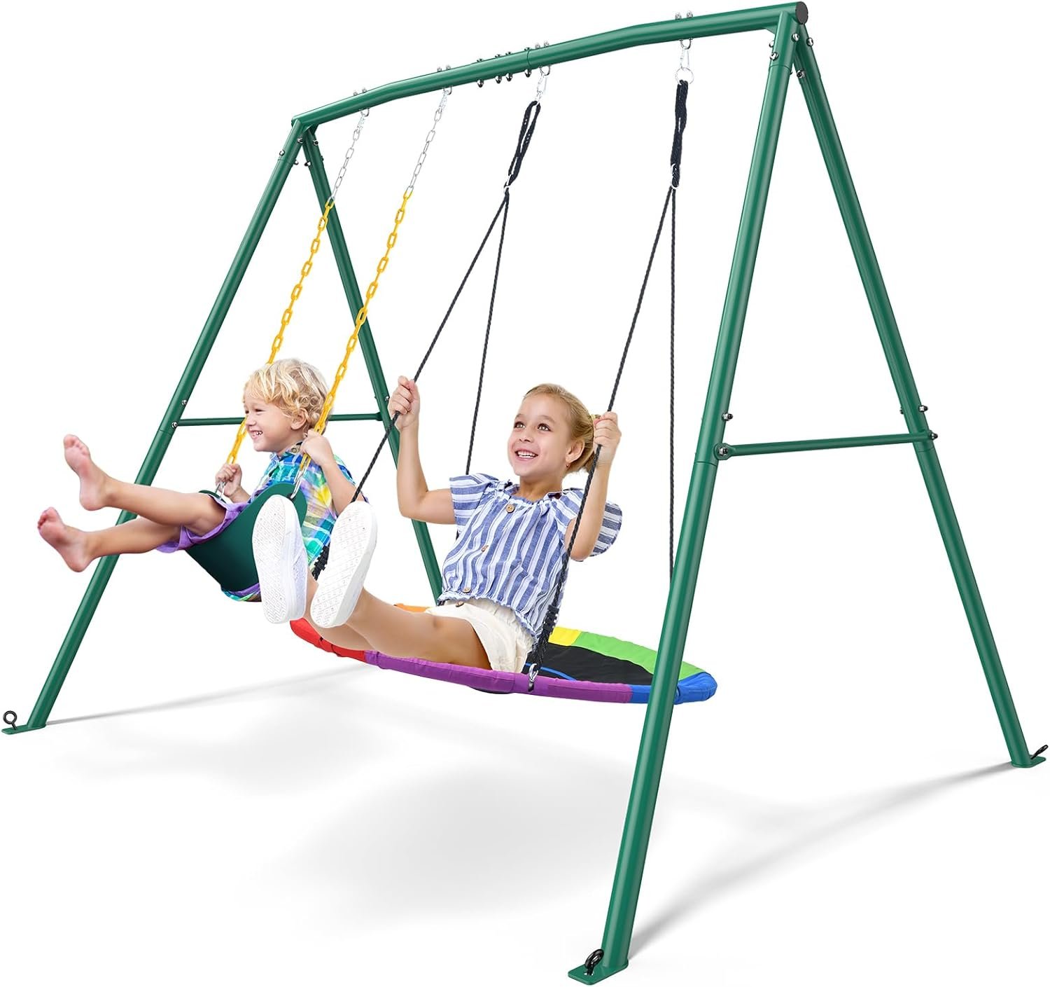 Trekassy 440lbs Capacity Swing Sets for Backyard – 2 Seat Outdoor Playset with Saucer & Belt Swing, Heavy-Duty A-Frame Metal Stand for Kids Family Fun (Patented)