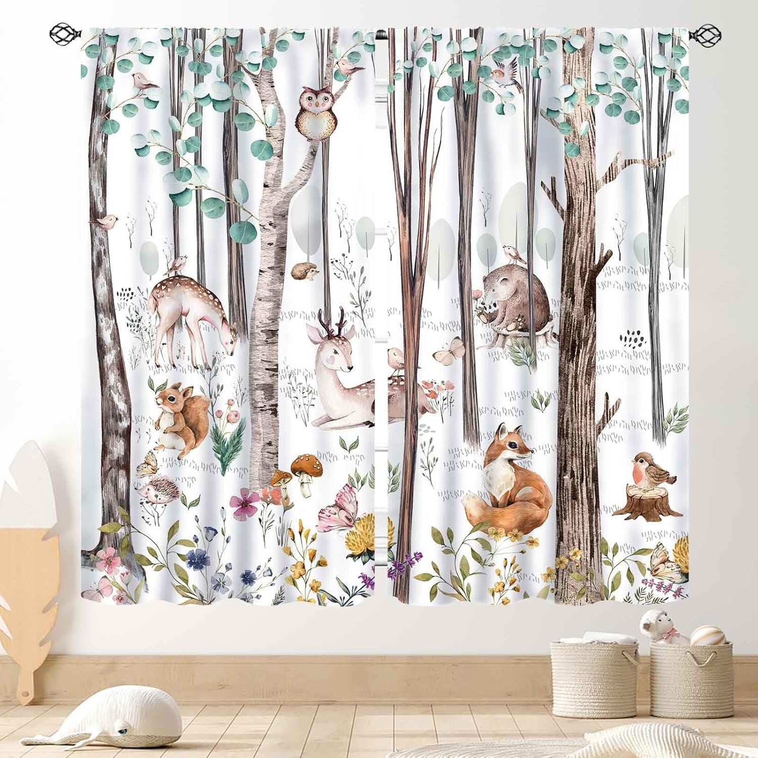 Woodland Curtains for Kids Room Nursery, Rustic Woodland Wild Animals Watercolor Forest Bear Deer Fox Country Blackout Window Draeps for Baby Girls Boys Bedroom Living Room 2 Panels Set, 42″x45″ Inch