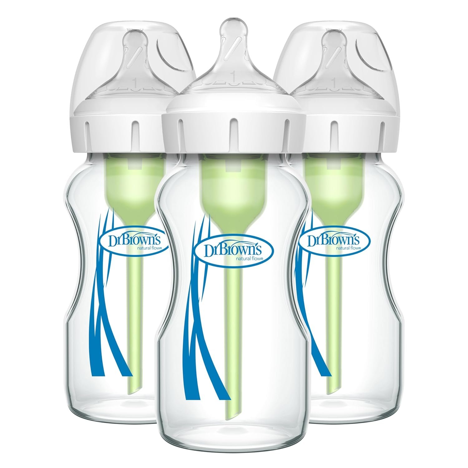 Dr. Brown’s Natural Flow Anti-Colic Options+ Wide-Neck Glass Baby Bottles 9 oz/270 mL, with Level 1 Slow Flow Nipple, 3 Pack, 0m+