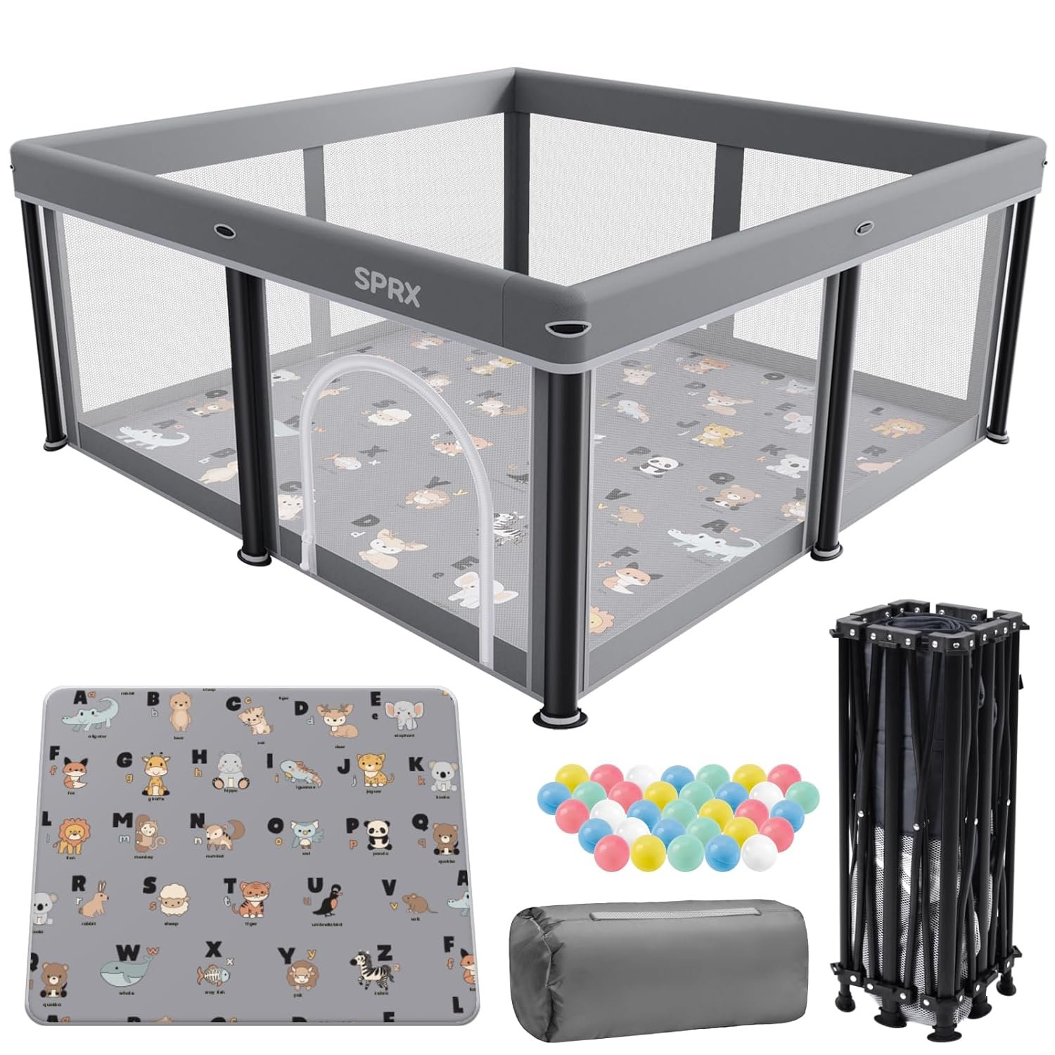 Foldable Baby Playpen with Mat,50″×50″ Collapsible Playard for Babies and Toddlers,Indoor&Outdoor Kids Safety Play Pen,Portable Travel Playpen ‌with Travel Pack and 30 Ocean Balls