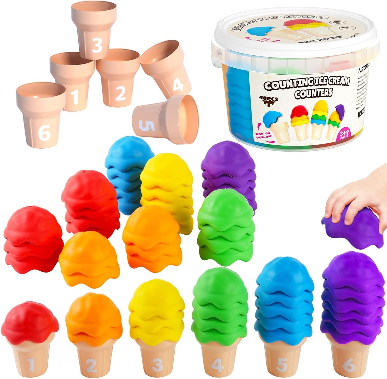 NEOROD Ice Cream Counting Toys for Toddlers 3-5 – Montessori Preschool Learning Set with 42 Scoops & 6 Cones | Color Sorting & Fine Motor Skills Stacker | Educational Math Game & Sensory Toys for Kids
