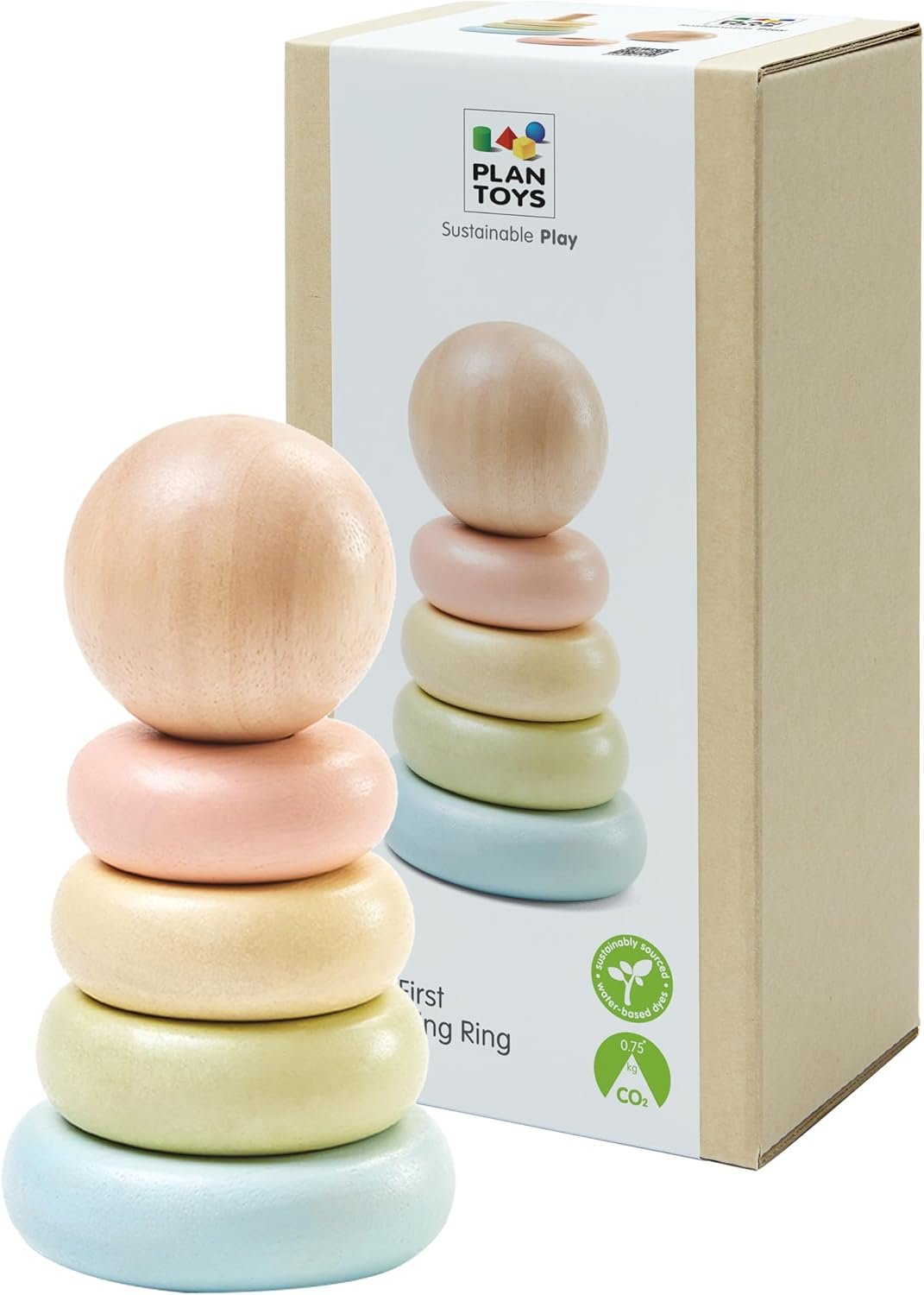 PlanToys® First Stacking Ring | Montessori Wooden Stacking Toy for Babies & Toddlers | Baby Learning Toy for Fine Motor Skills, Sensory Play & Color Sorting